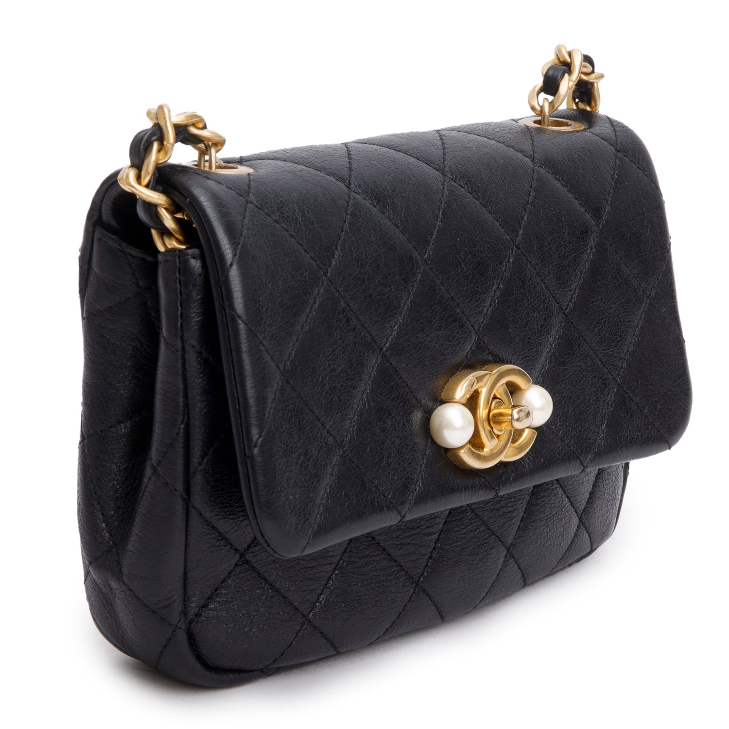 Chanel Black Calfskin Quilted Mini Pearl Side Flap Bag