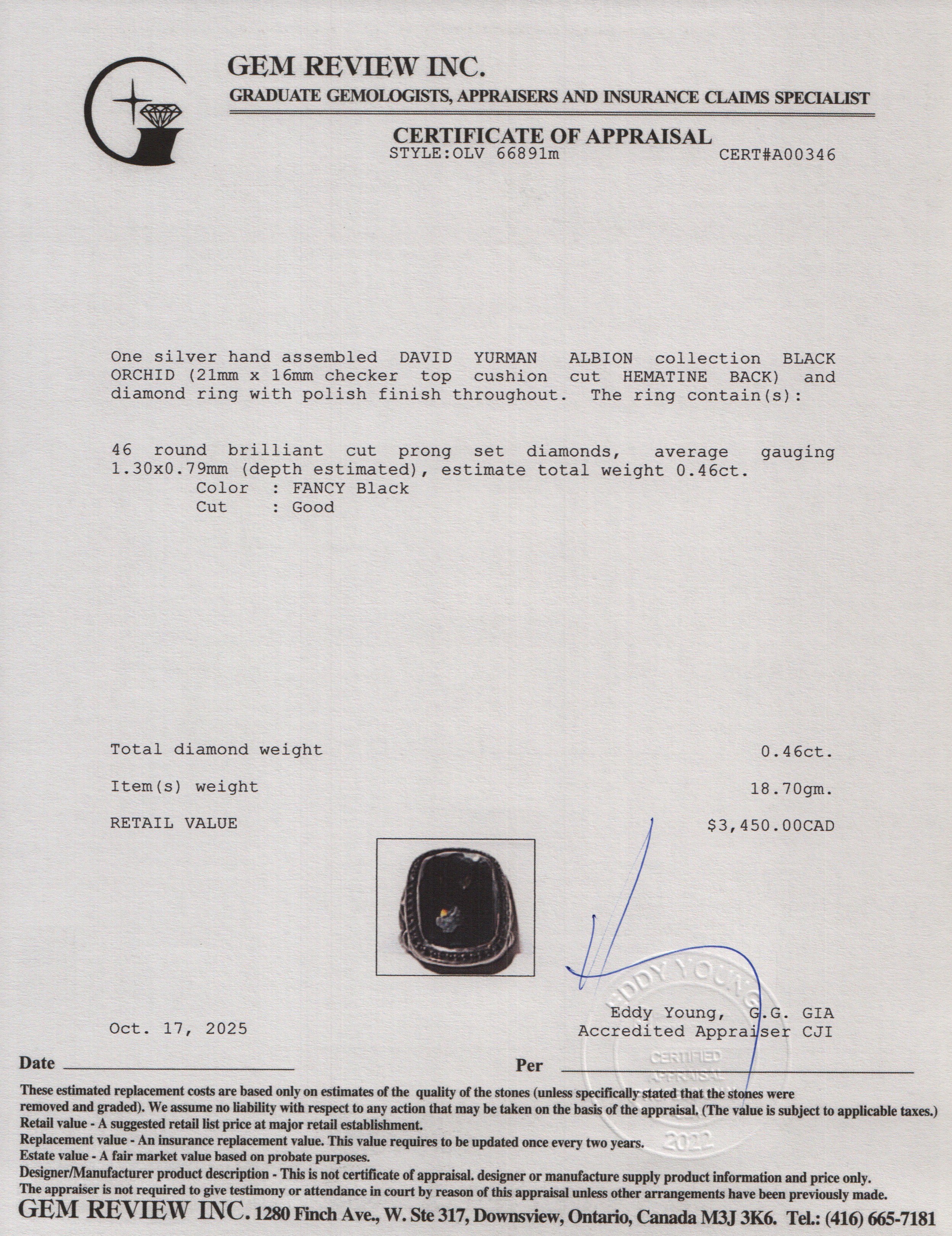 David Yurman Sterling Silver Albion Ring with Black Orchid and Black Diamonds