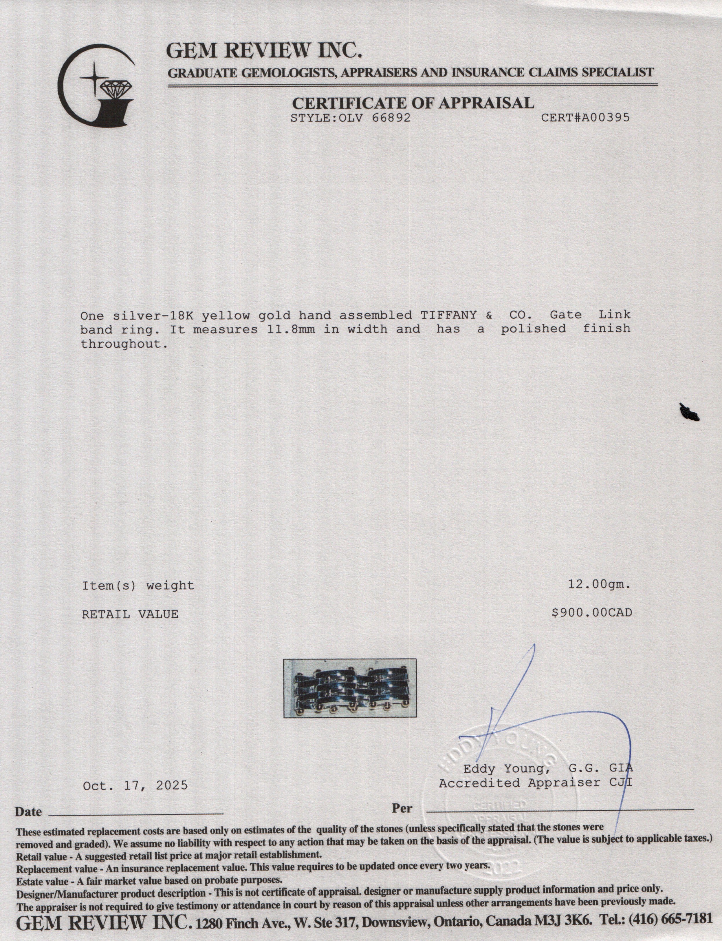 Tiffany & Co. Sterling Silver & 18k Yellow Gold Gate Link Band Ring, Size 5