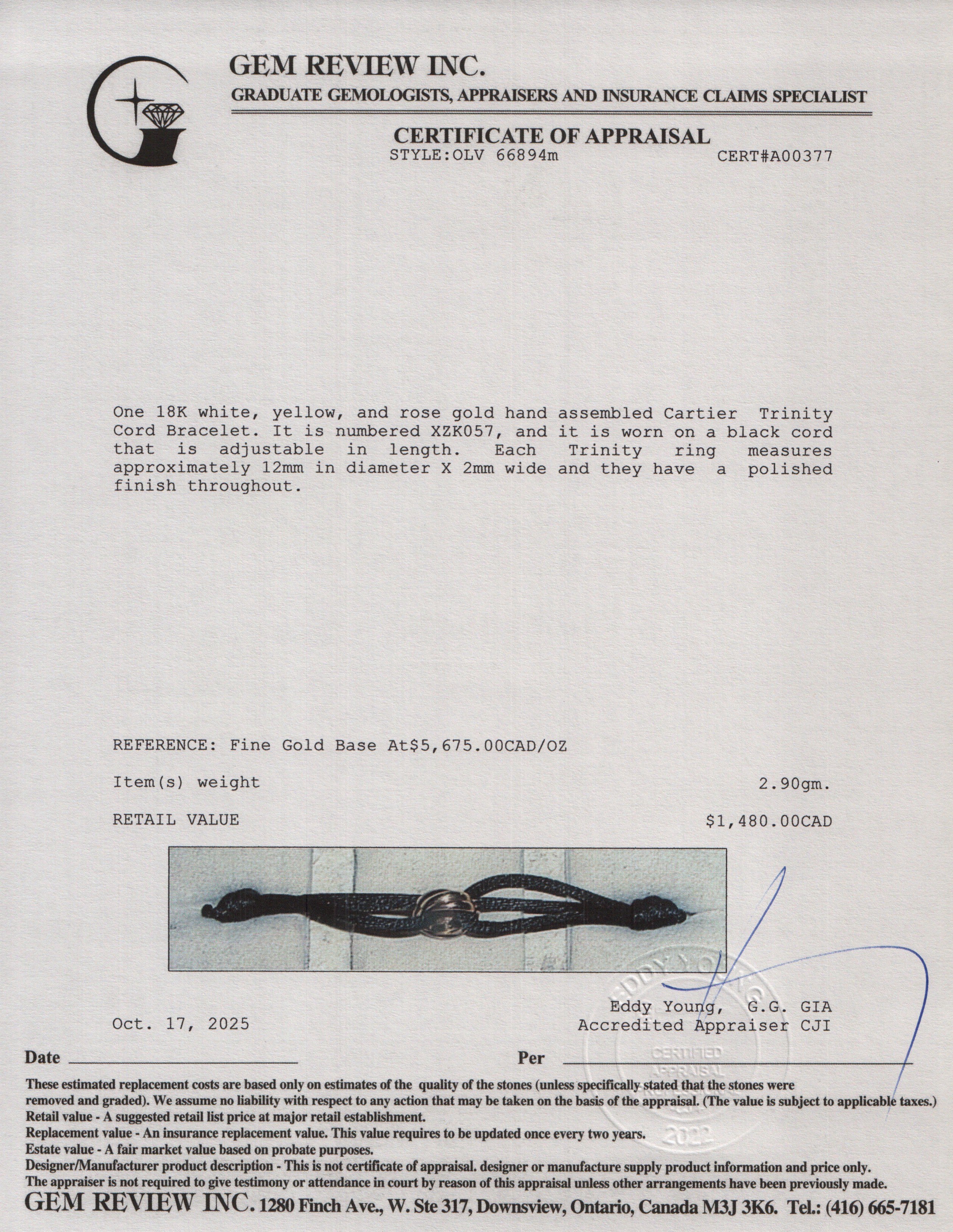 Cartier 2024 18k White, Yellow & Rose Gold Trinity Black Cord Bracelet w/ Box & Certificate