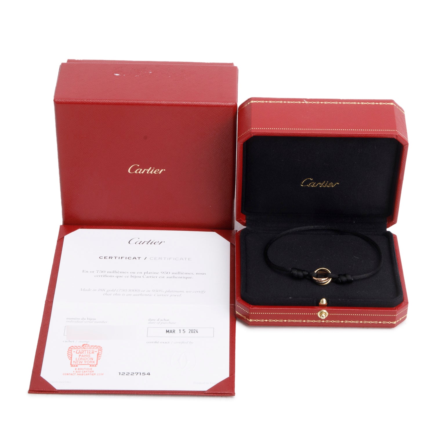 Cartier 2024 18k White, Yellow & Rose Gold Trinity Black Cord Bracelet w/ Box & Certificate