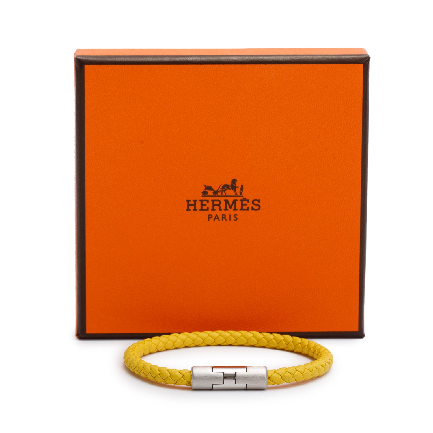 Hermes Palladium Plated Jaune De Naples Swift Leather Puzzle H Bracelet w/ Box & Receipt