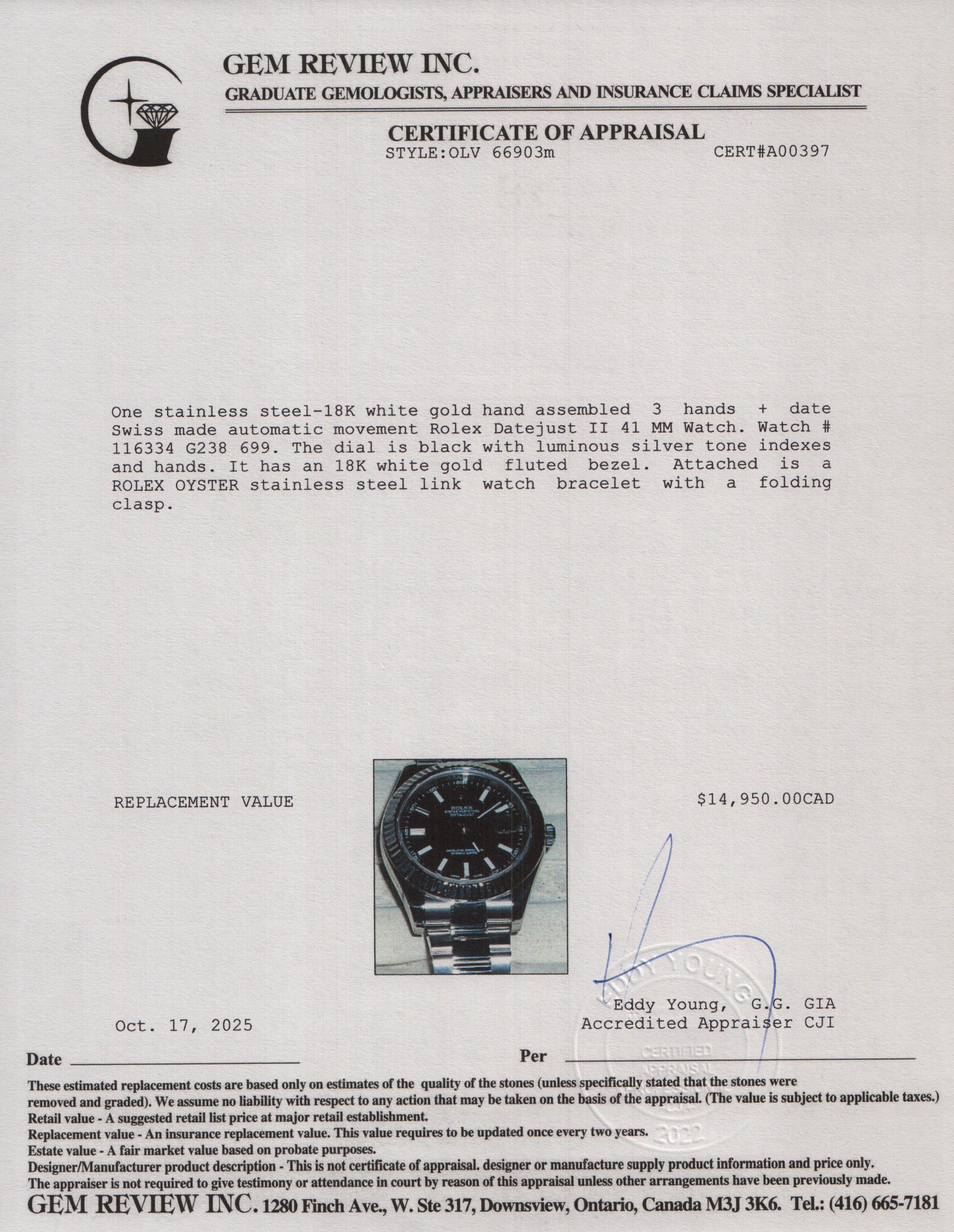 Rolex Stainless Steel Datejust II 41 MM Automatic Watch Black Dial 116334 w/ Box & Papers