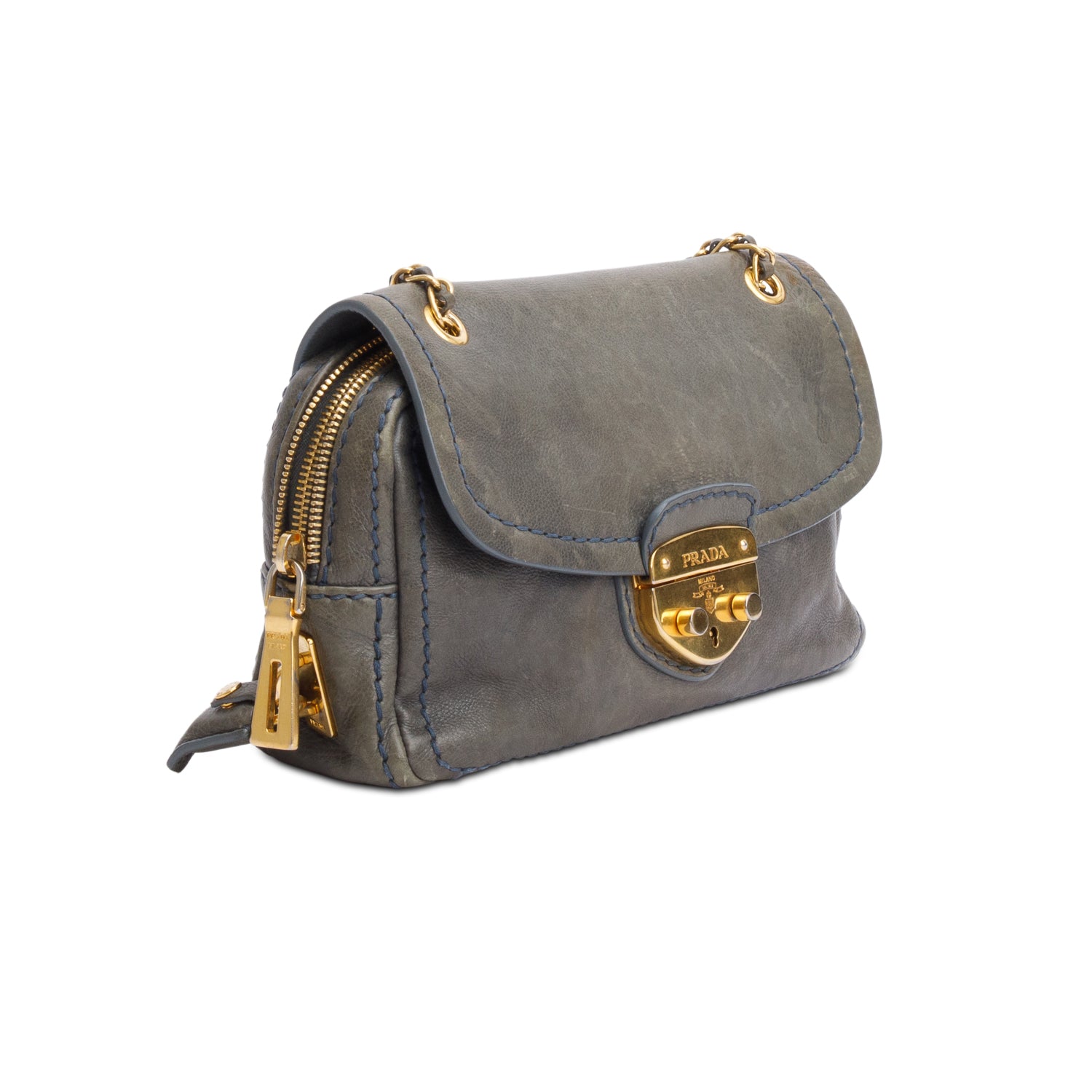 Prada Green Glace Calf Pushlock Chain Shoulder Bag