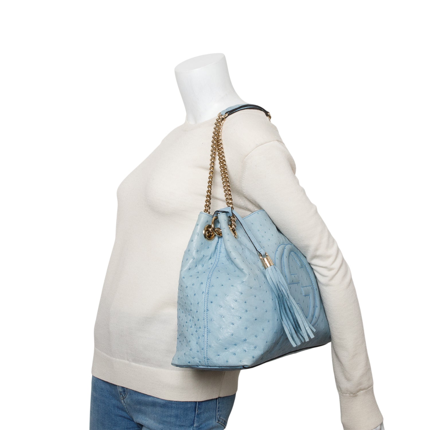 Gucci Blue Ostrich Medium Soho Chain Shoulder Bag