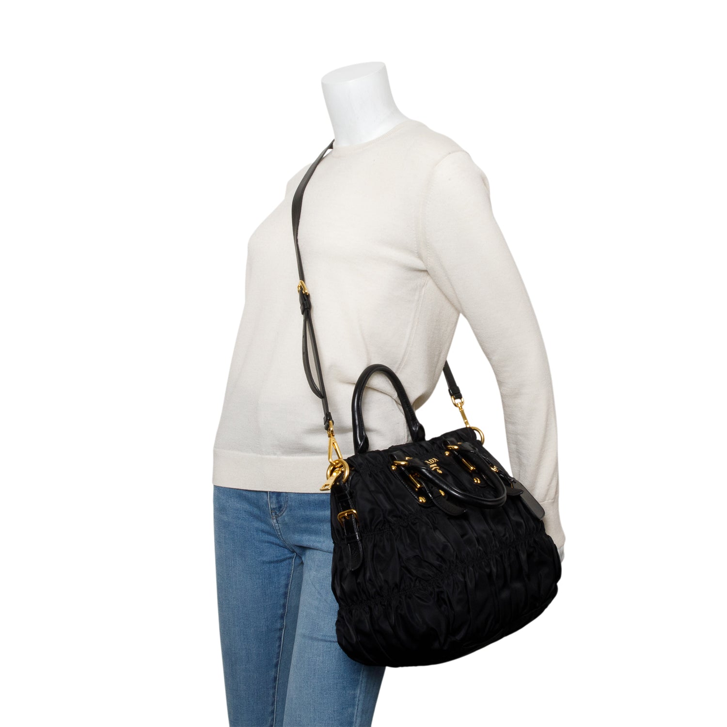 Prada Black Leather-Trimmed Tessuto Gaufre Tote w/ Strap