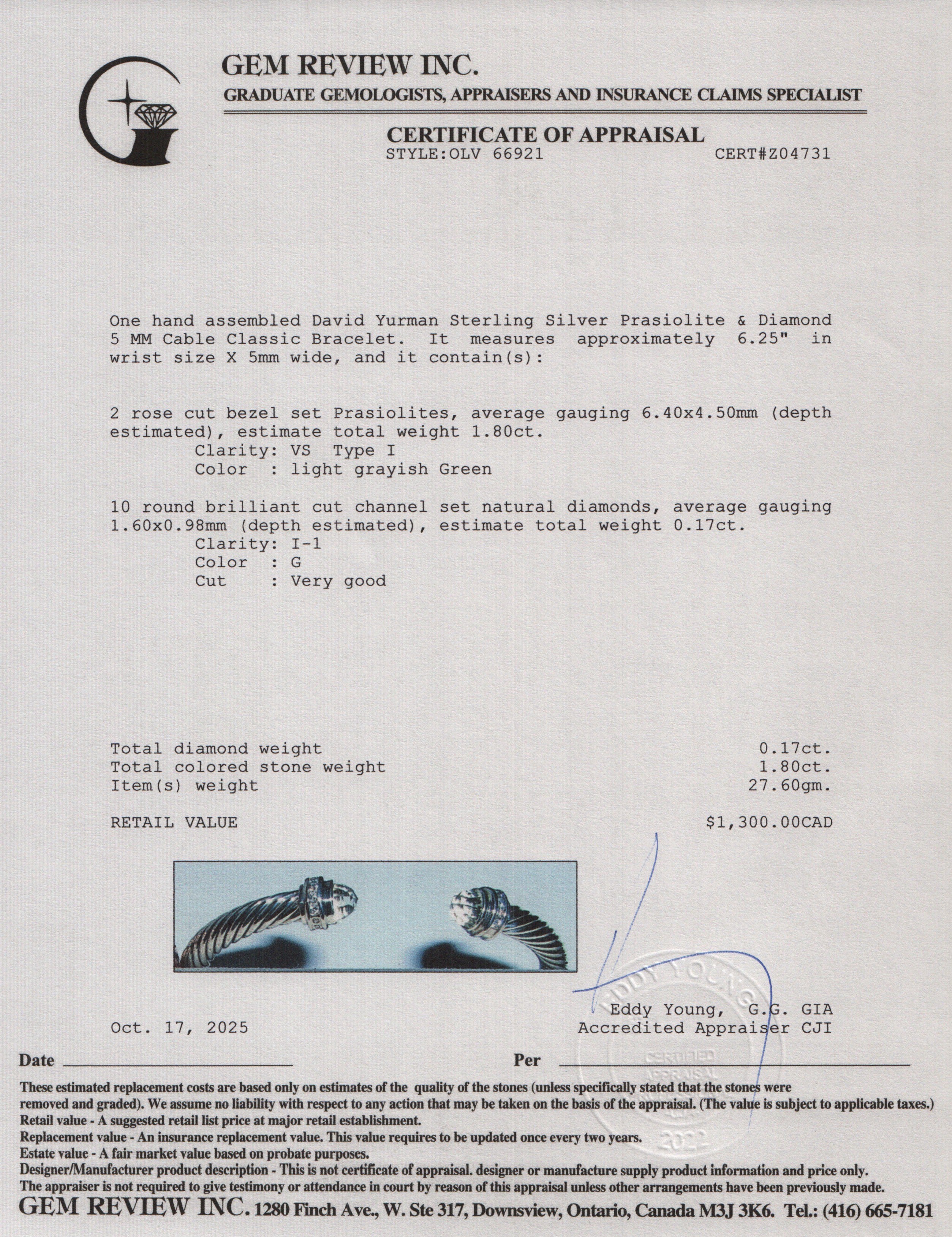 David Yurman Sterling Silver Prasiolite & Diamond 5 MM Cable Classic Bracelet