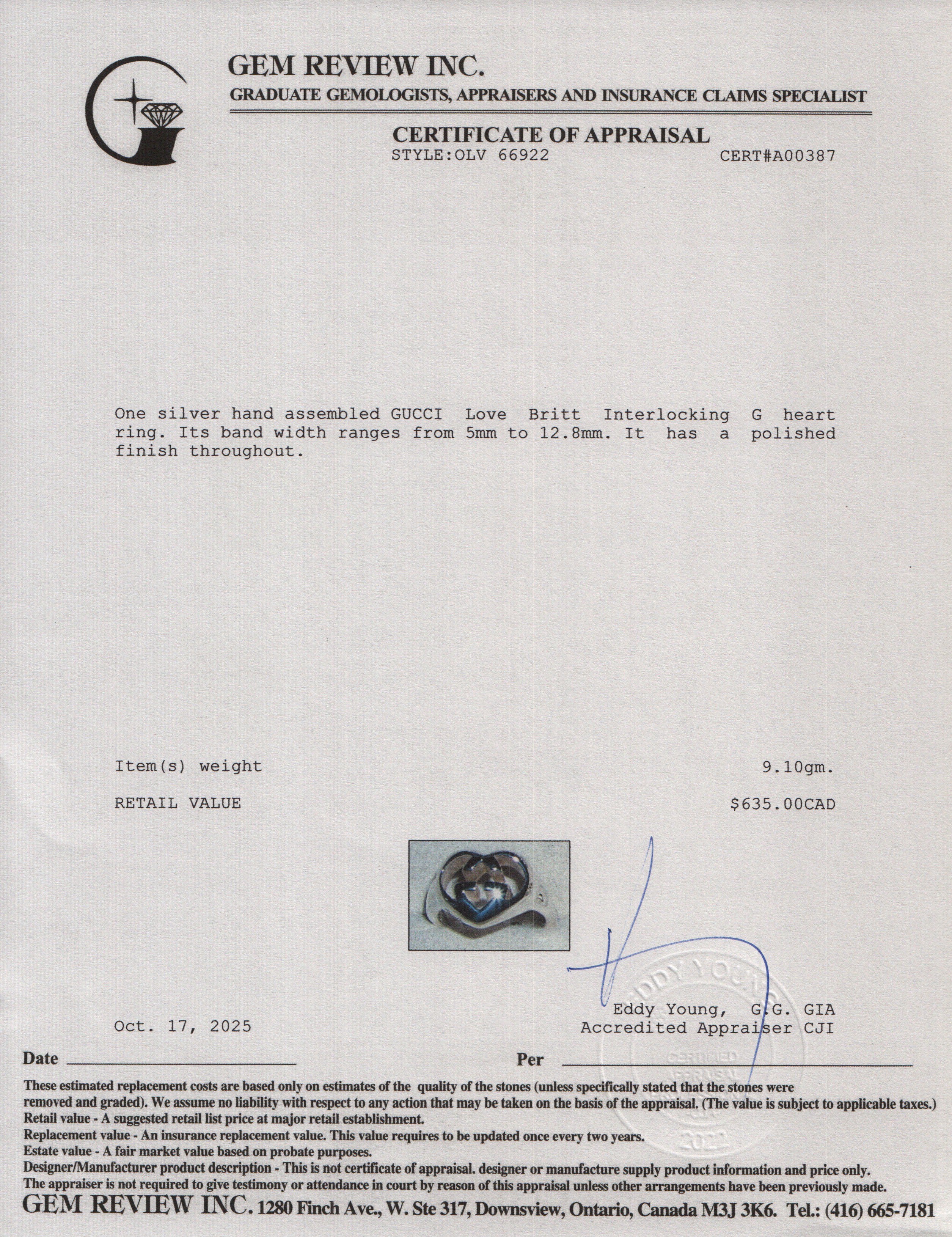 Gucci Sterling Silver Love Britt Interlocking G Heart Ring, Size 14 6.75