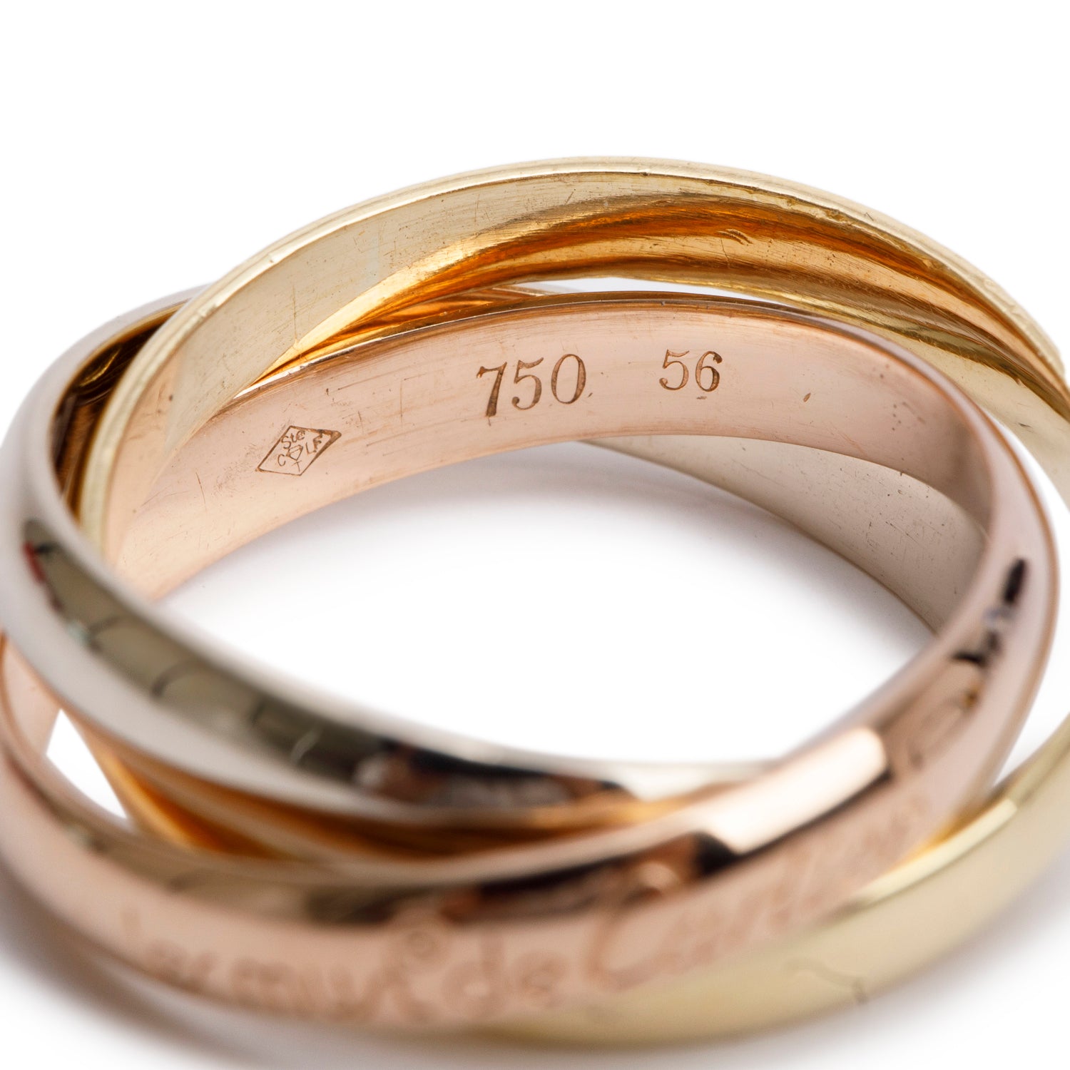 Cartier 18k Tri-Gold Vintage Le must de Cartier Trinity Rolling Ring, Size 56 6.5