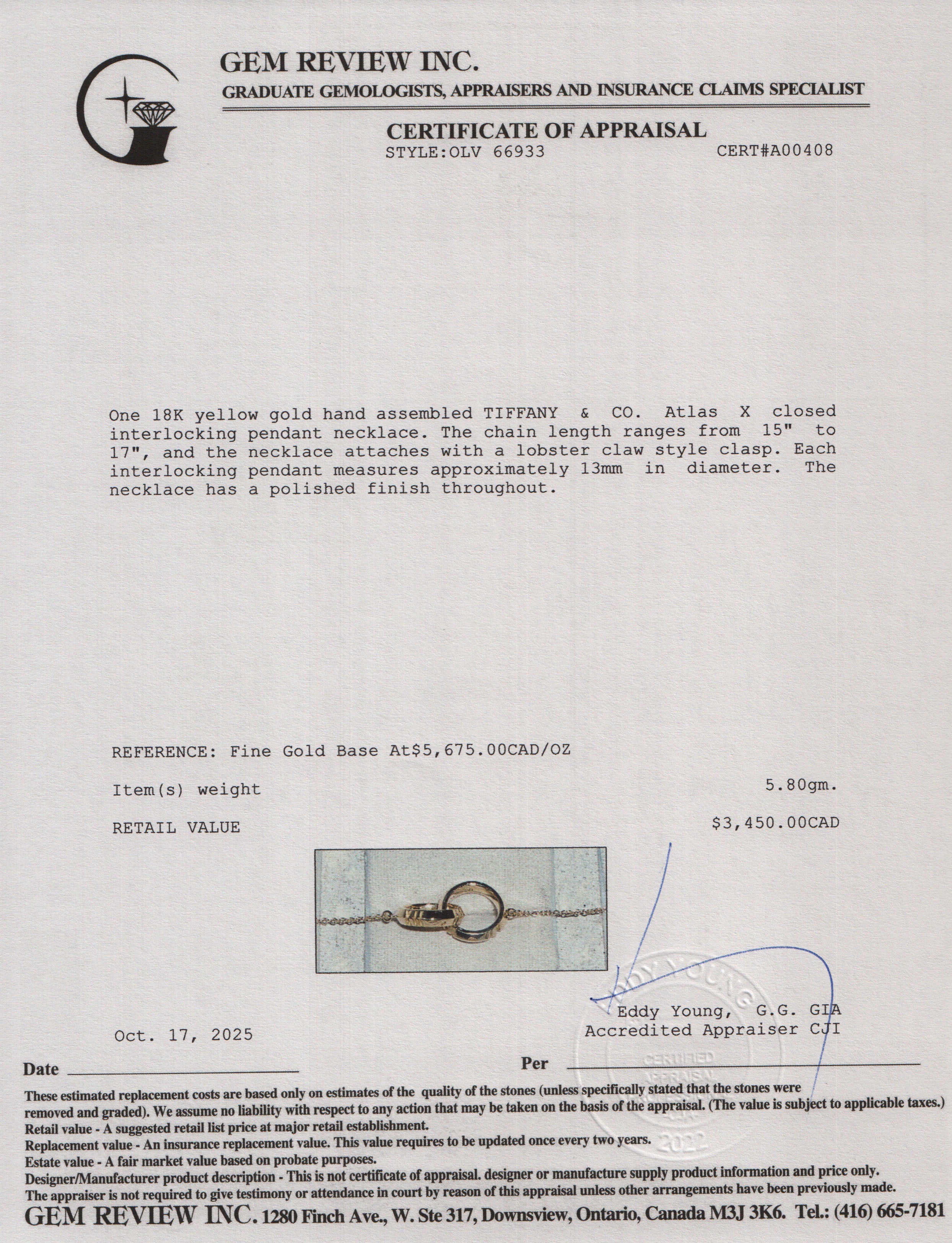 Tiffany & Co. 18k Yellow Gold Atlas X Closed Interlocking Pendant Necklace w/ Box