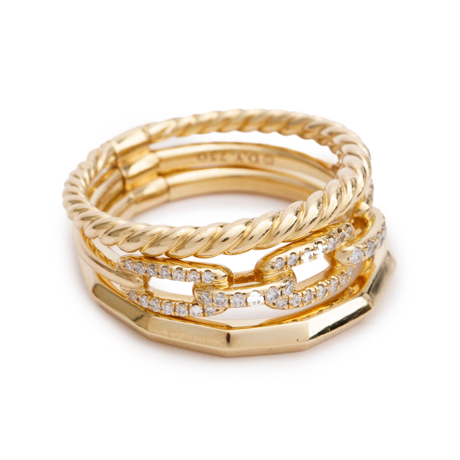 David Yurman 18k Yellow Gold Diamond Stax Three Row Ring, 9.5 MM, Size 6.25 w/ Box