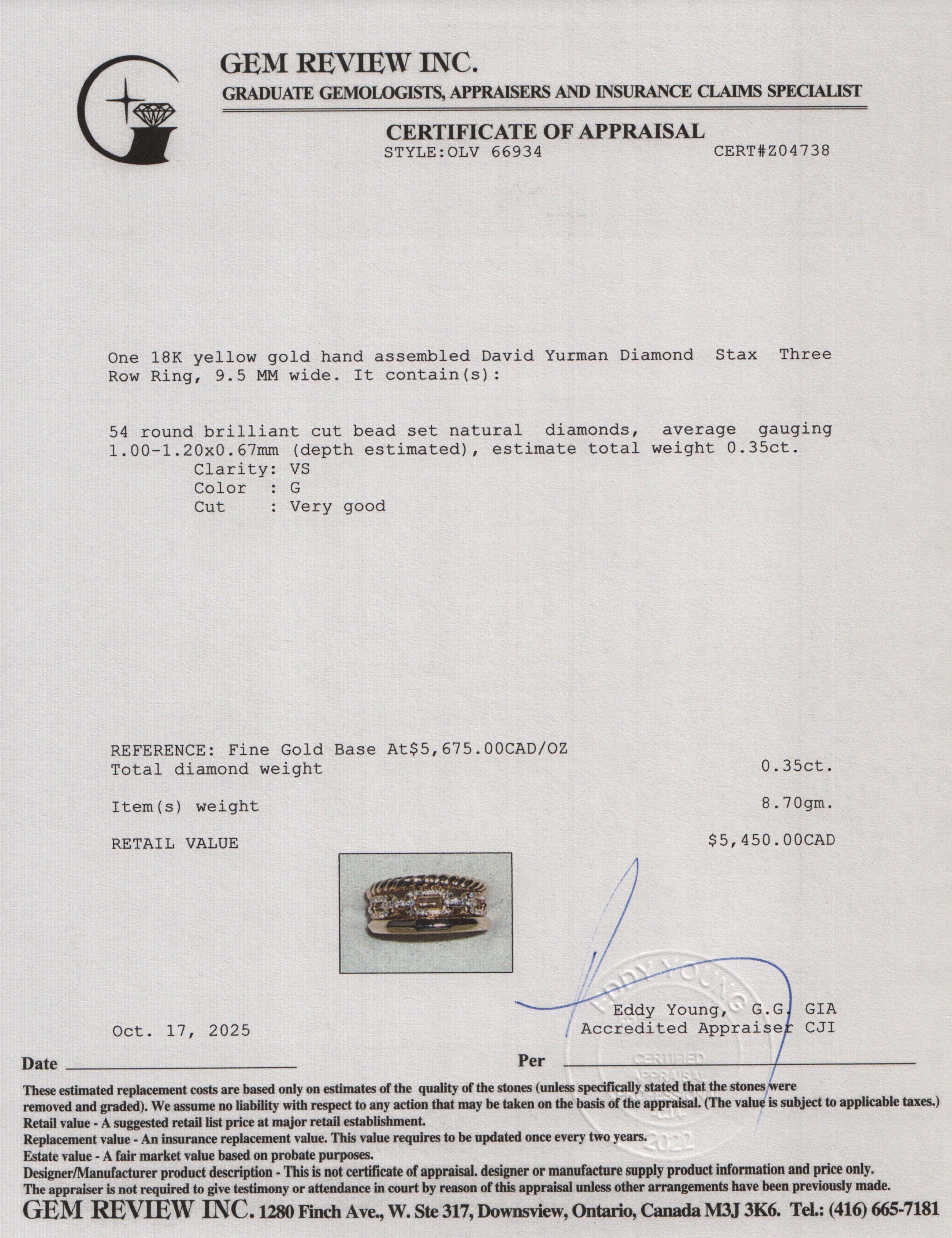 David Yurman 18k Yellow Gold Diamond Stax Three Row Ring, 9.5 MM, Size 6.25 w/ Box