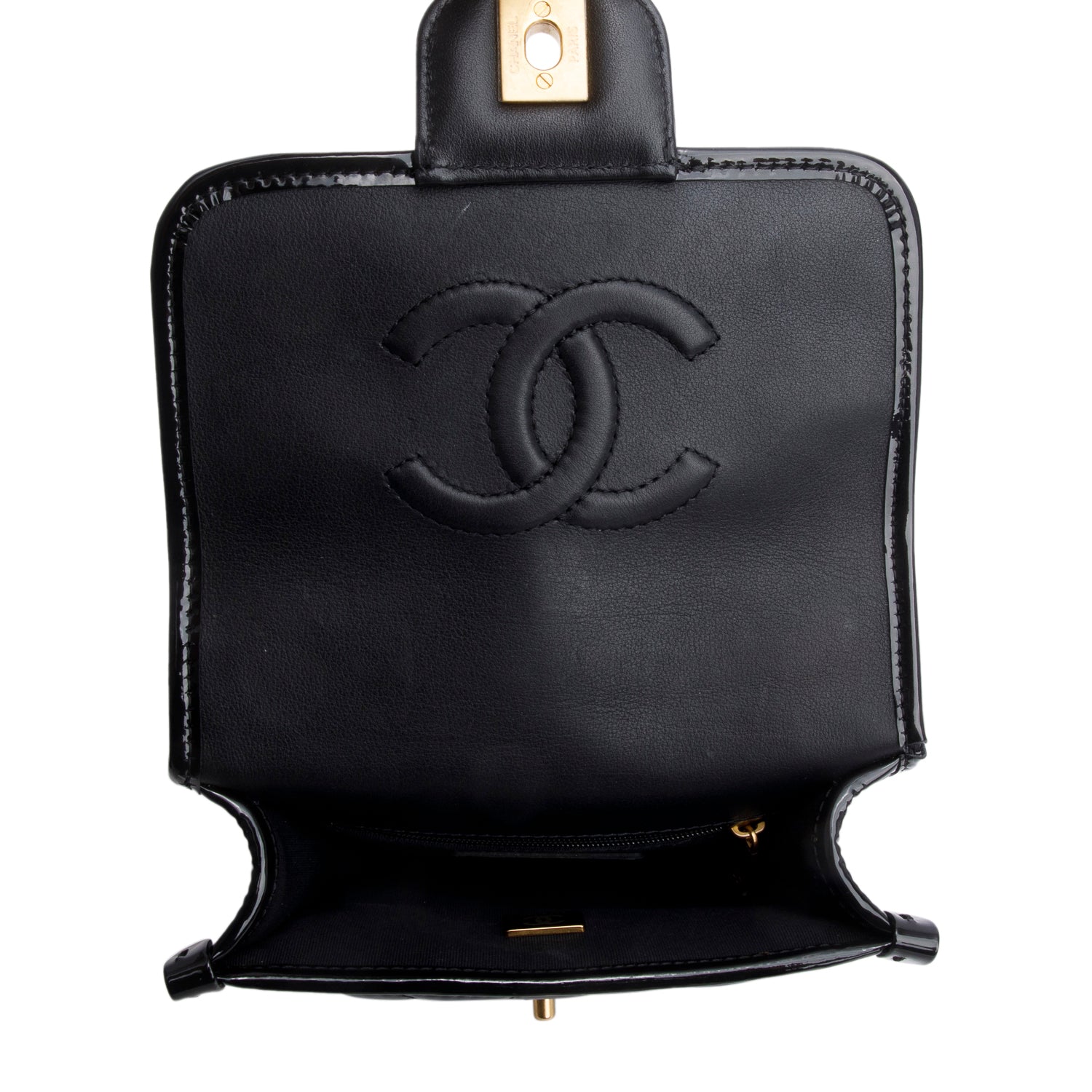 Chanel Black Patent Leather Quilted Mini School Memory Top Handle Bag