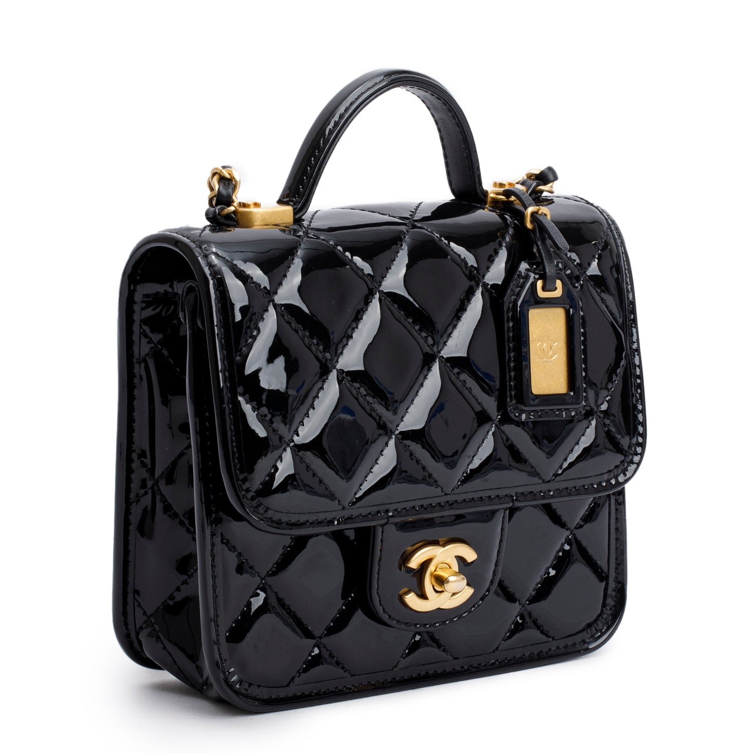 Chanel Black Patent Leather Quilted Mini School Memory Top Handle Bag