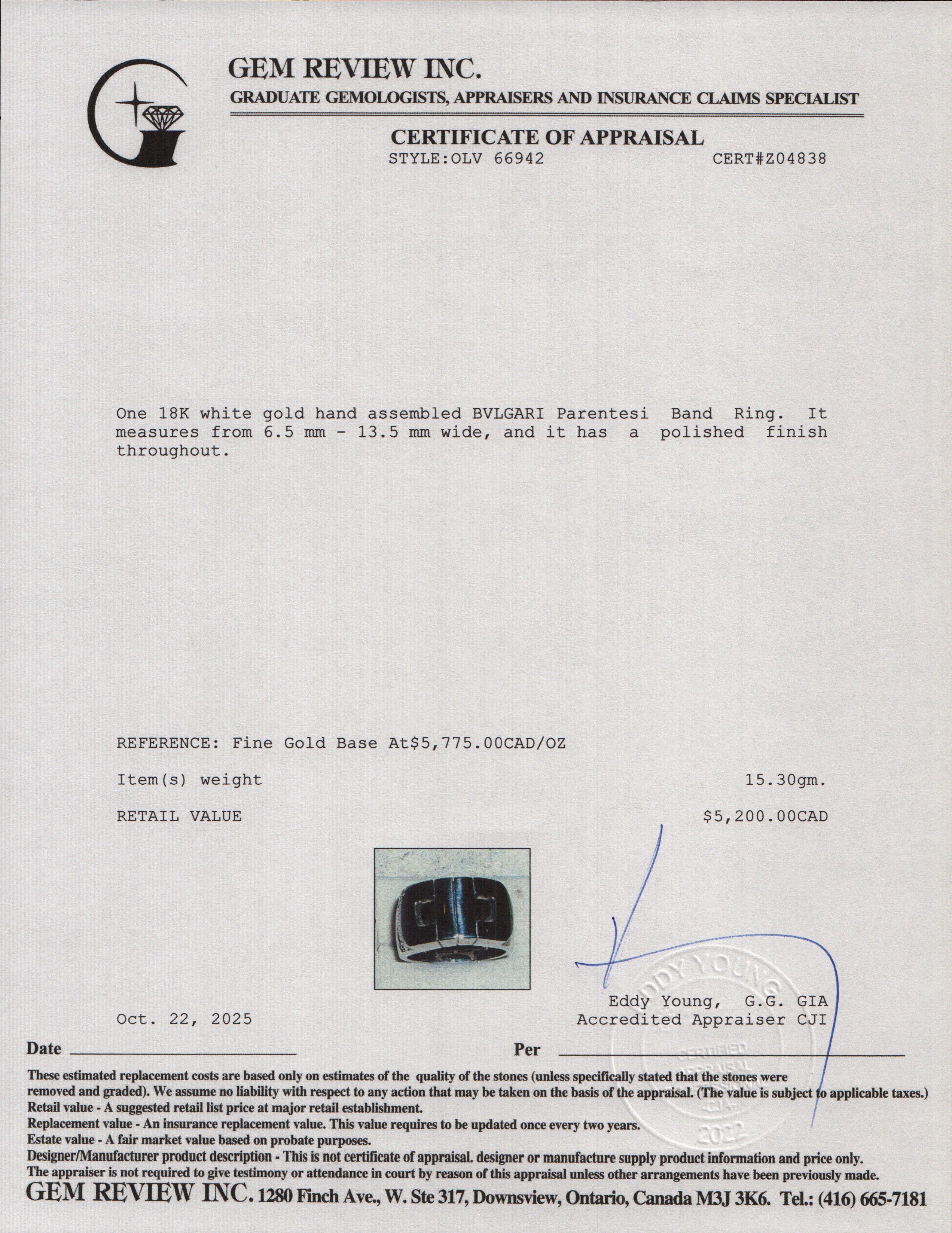 BVLGARI 18k White Gold Parentesi Band Ring, Size 9 w/ Box