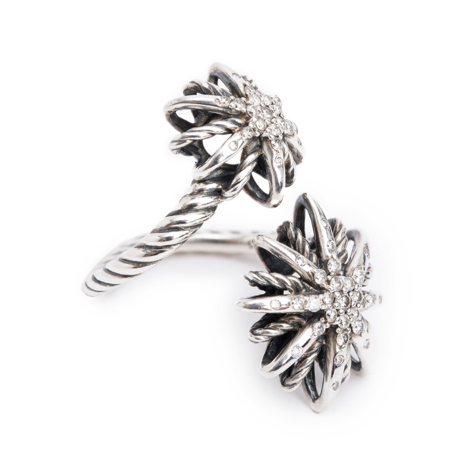 David Yurman Sterling Silver Diamond Starburst Bypass Ring, Size 5.5 w/ Box
