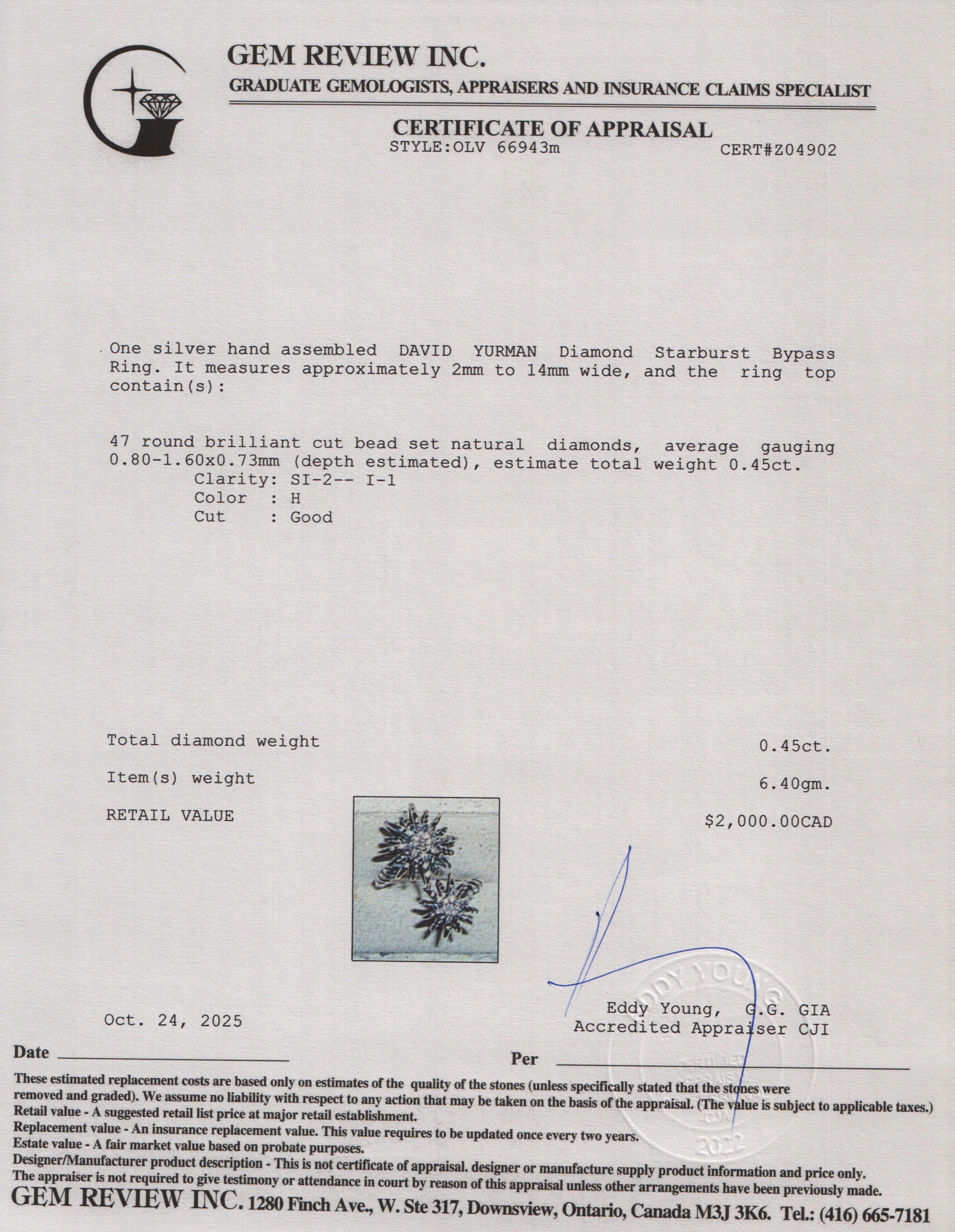 David Yurman Sterling Silver Diamond Starburst Bypass Ring, Size 5.5 w/ Box