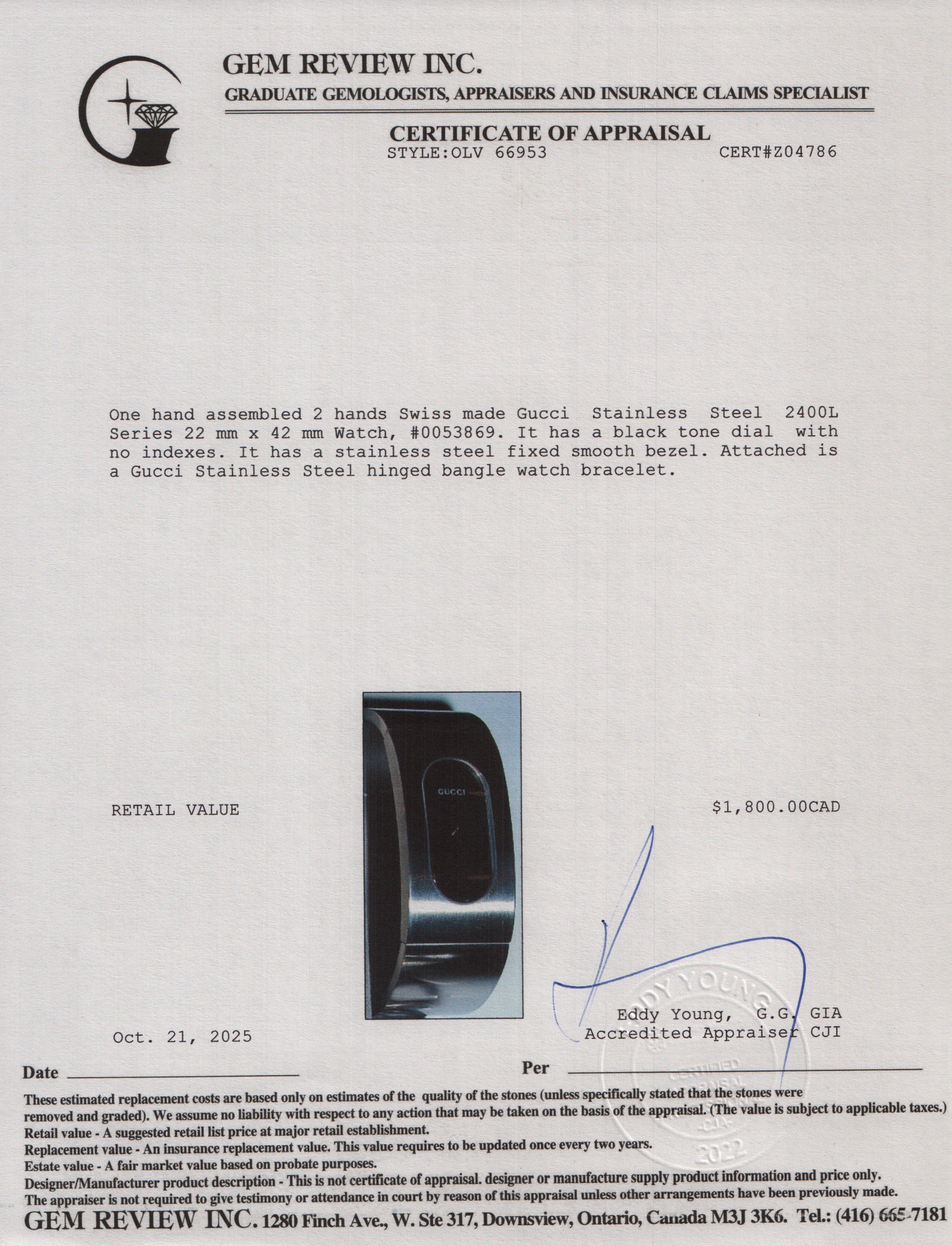 Gucci Stainless Steel 2400L Series Watch w/ Box