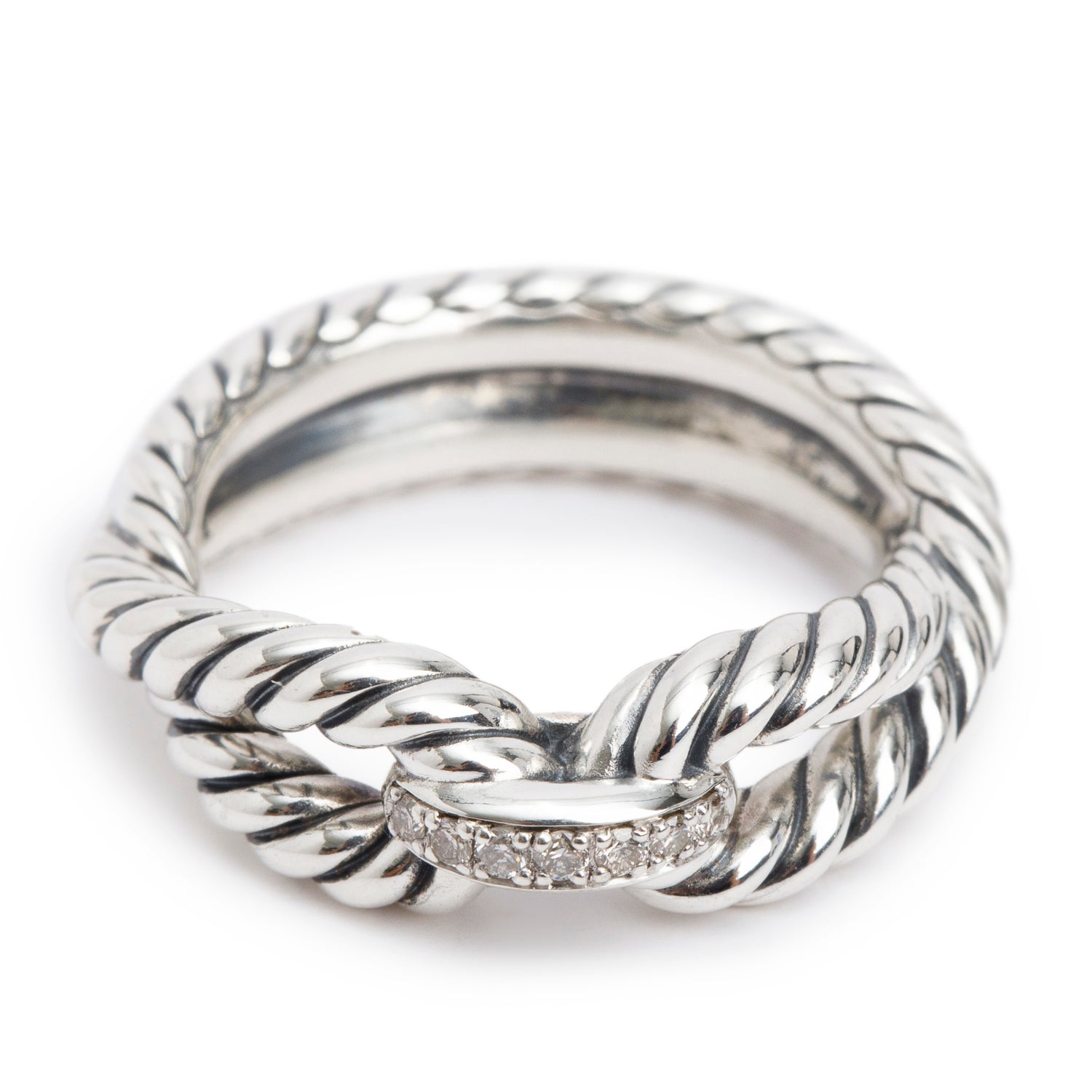 David Yurman Sterling Silver Diamond Cable Loop Band Ring, Size 5.25 w/ Box