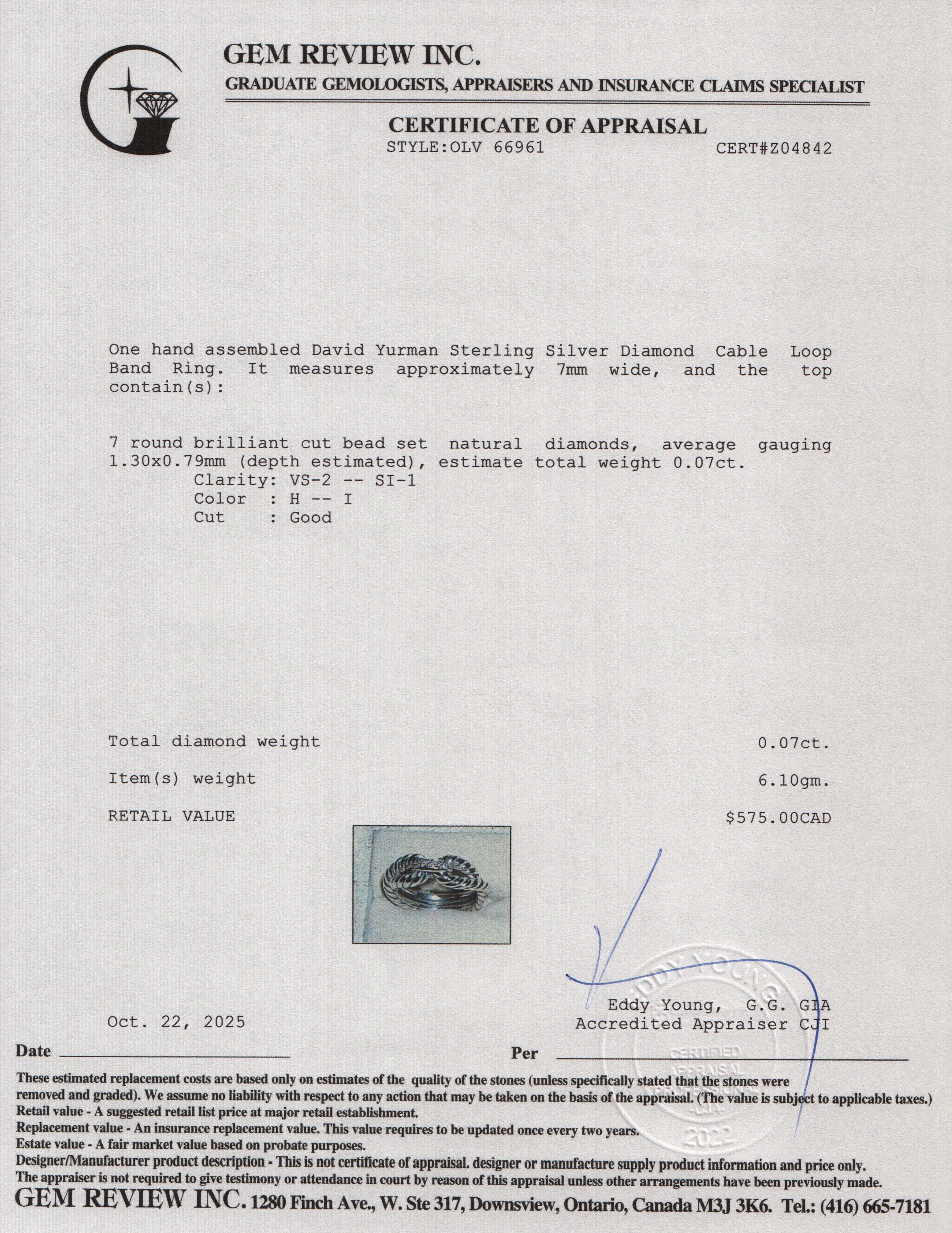 David Yurman Sterling Silver Diamond Cable Loop Band Ring, Size 5.25 w/ Box