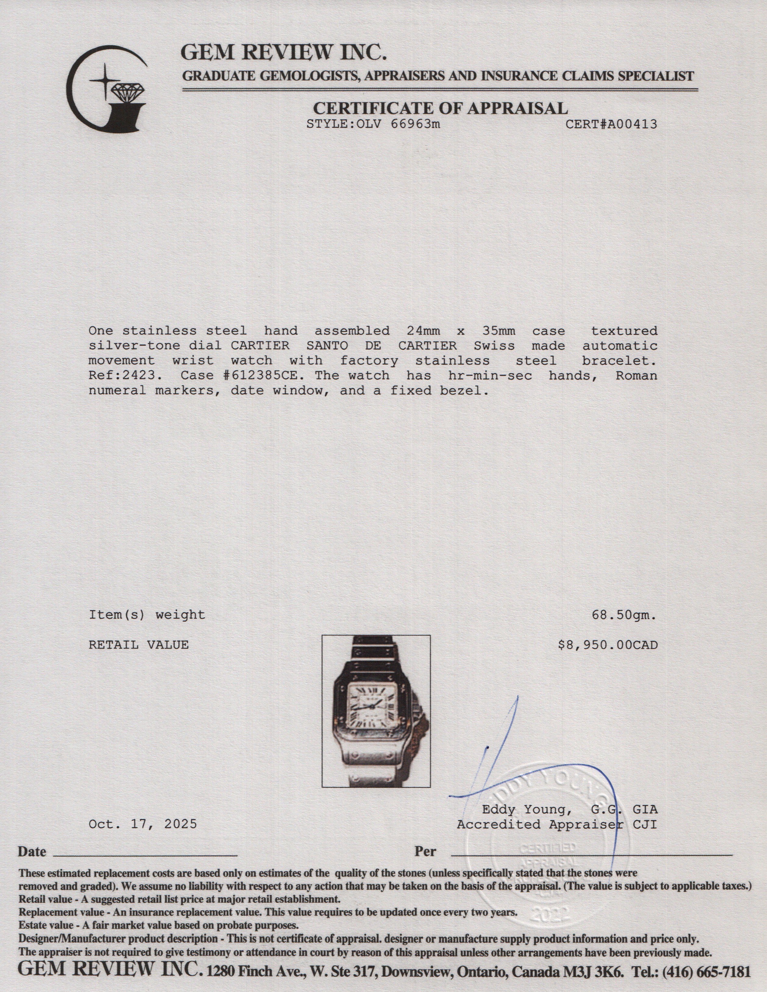 Cartier Stainless Steel Santos de Cartier Galbee Automatic Watch, Small Model 2423 w/ Box & Papers