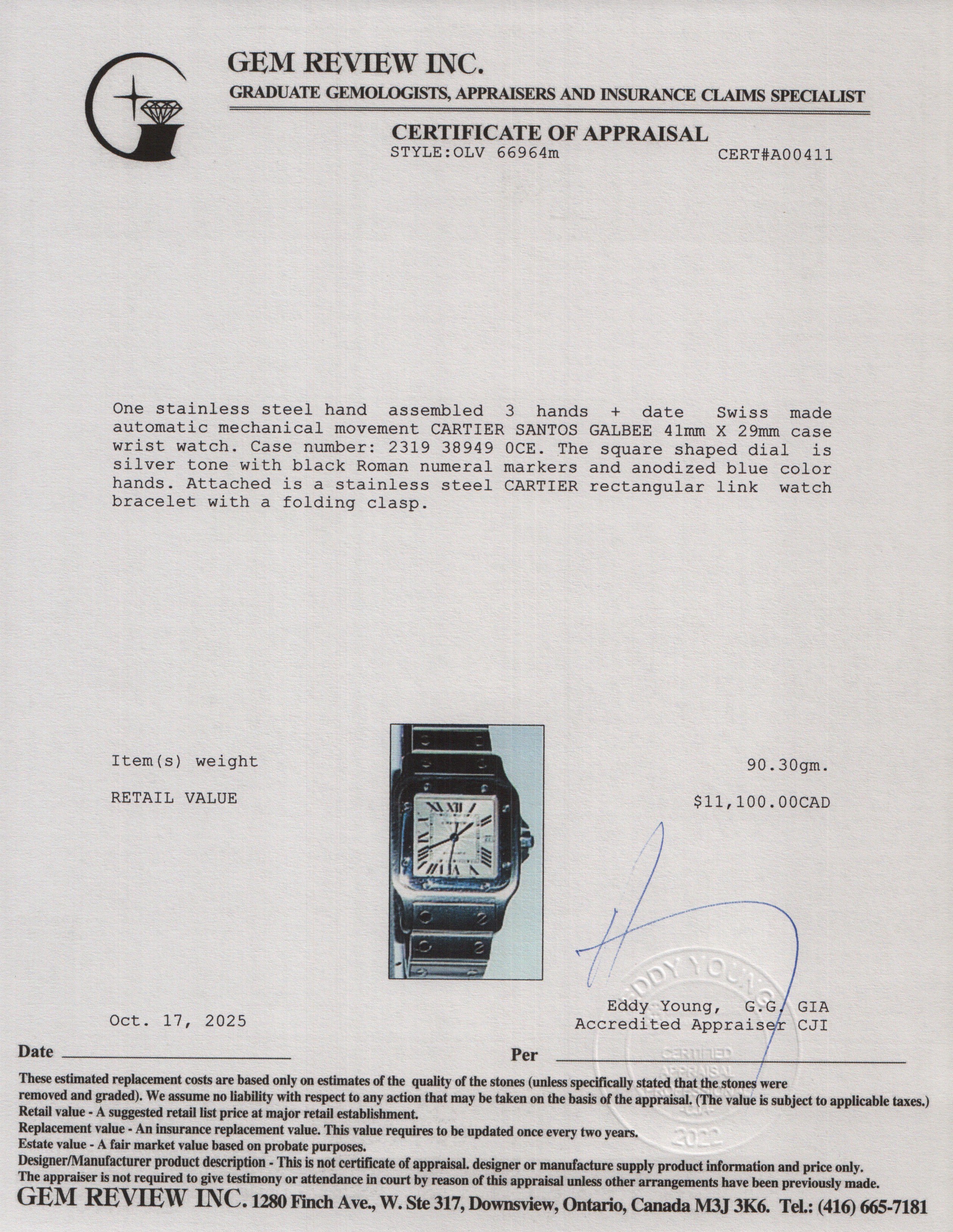 Cartier Stainless Steel Santos De Cartier Galbee Automatic Watch, Medium Model 2319 w/ Box & Papers