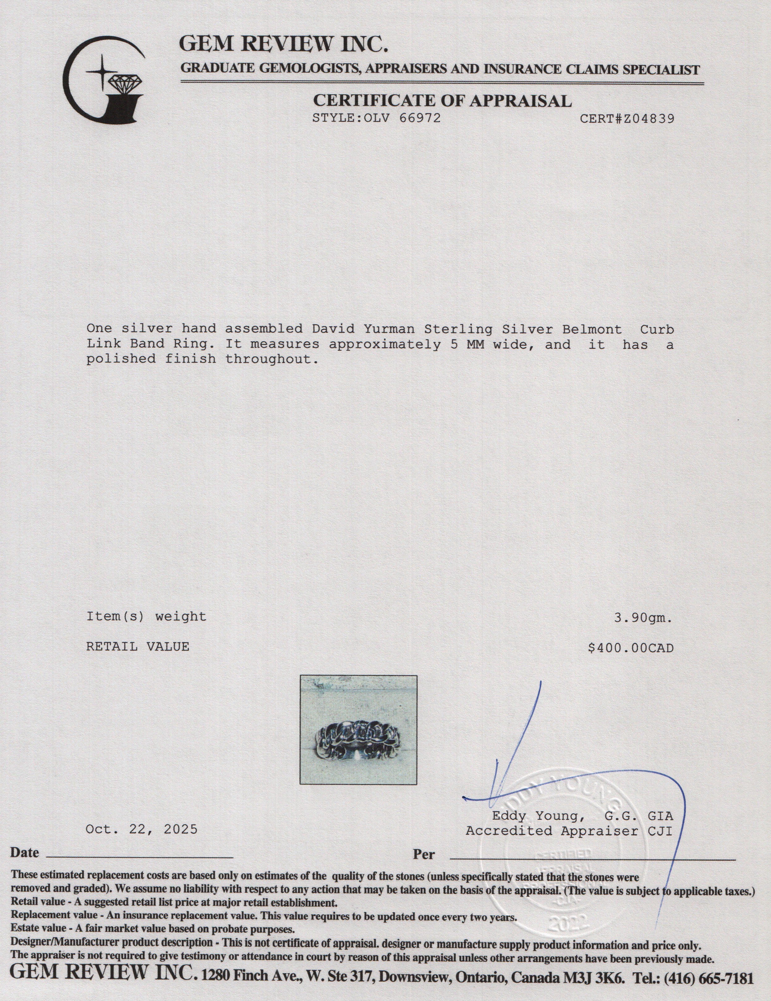 David Yurman Sterling Silver Belmont Curb Link 5 MM Band Ring, Size 5 w/ Box