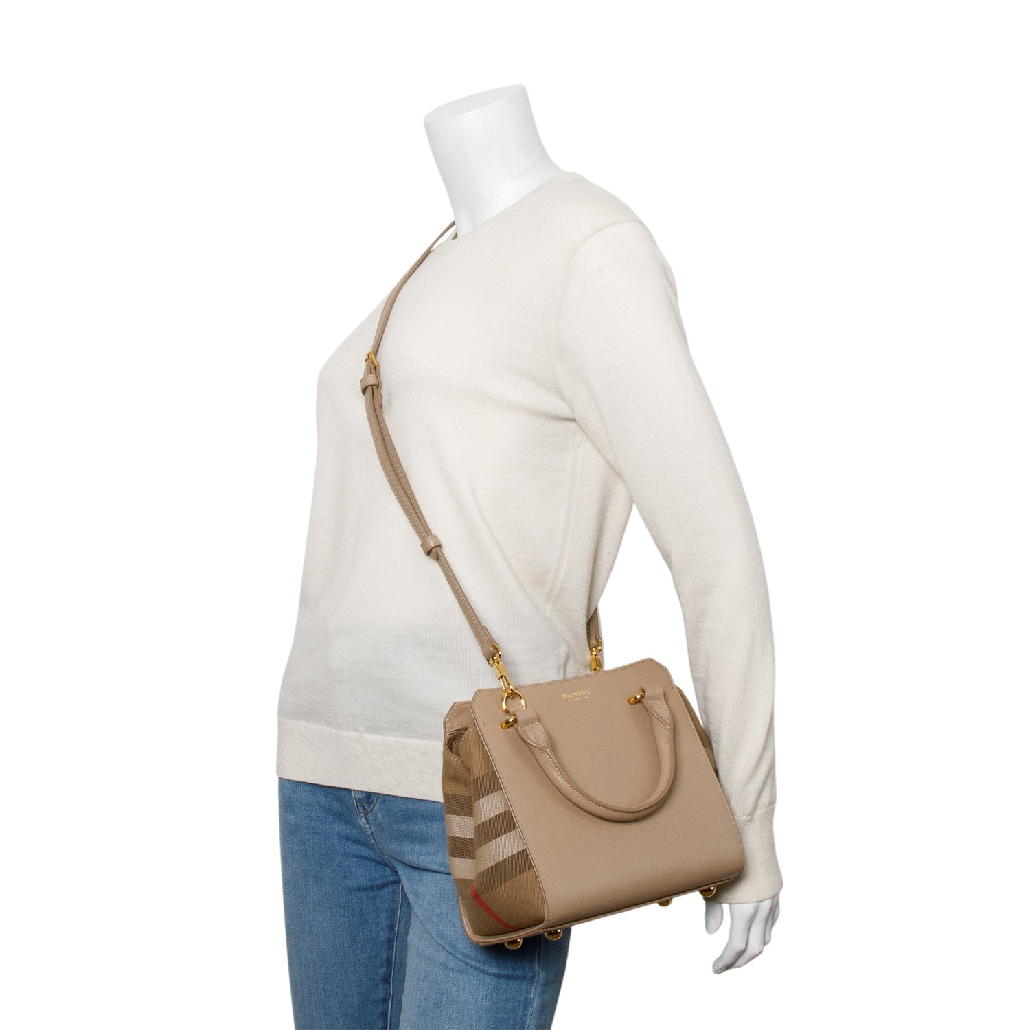 Burberry Beige Calfskin Mega Check Mini Banwell Tote w/ Strap