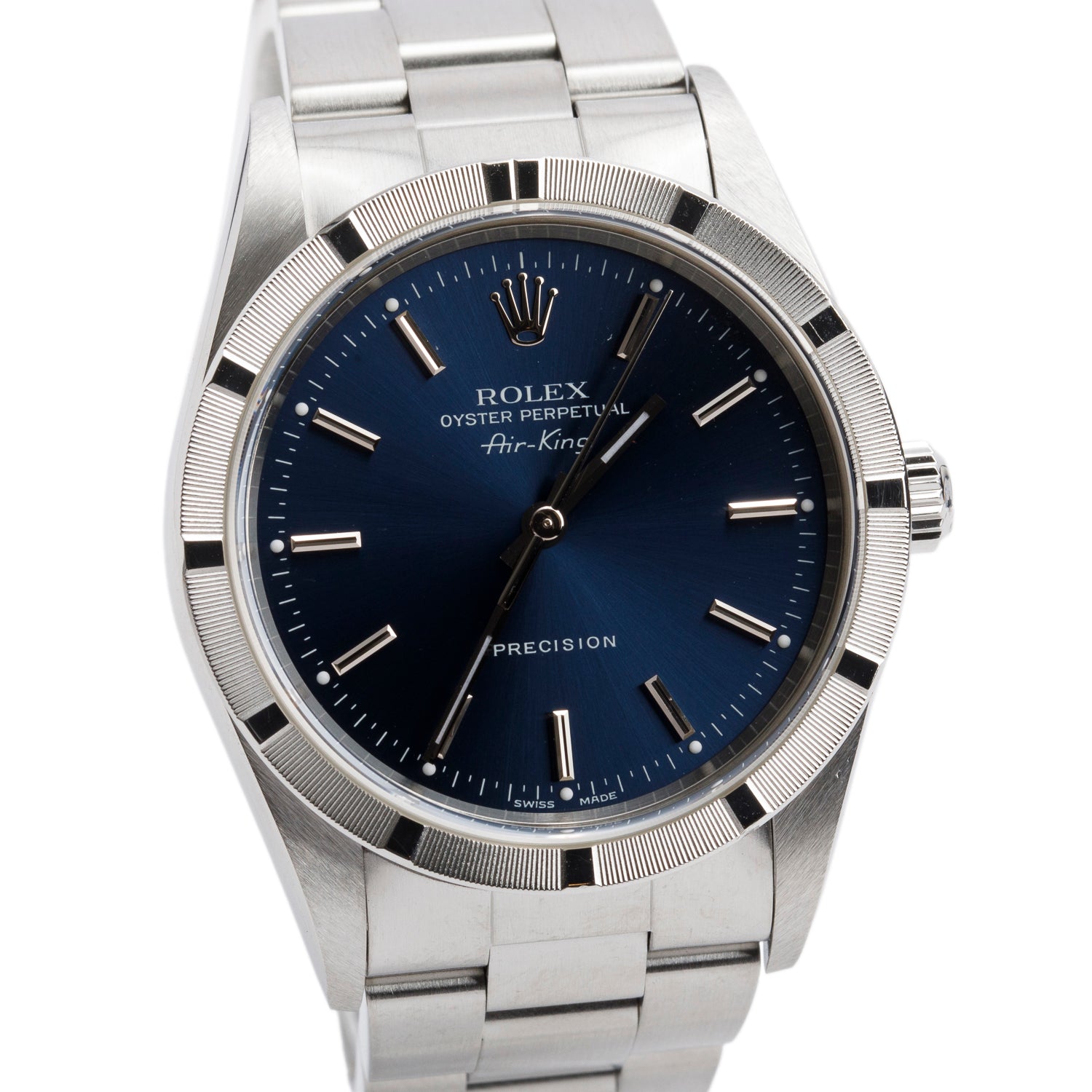 Rolex Stainless Steel Oyster Perpetual Engine Turned Bezel Air King 34 MM Watch Black Dial 14010 w/ Box & Papers