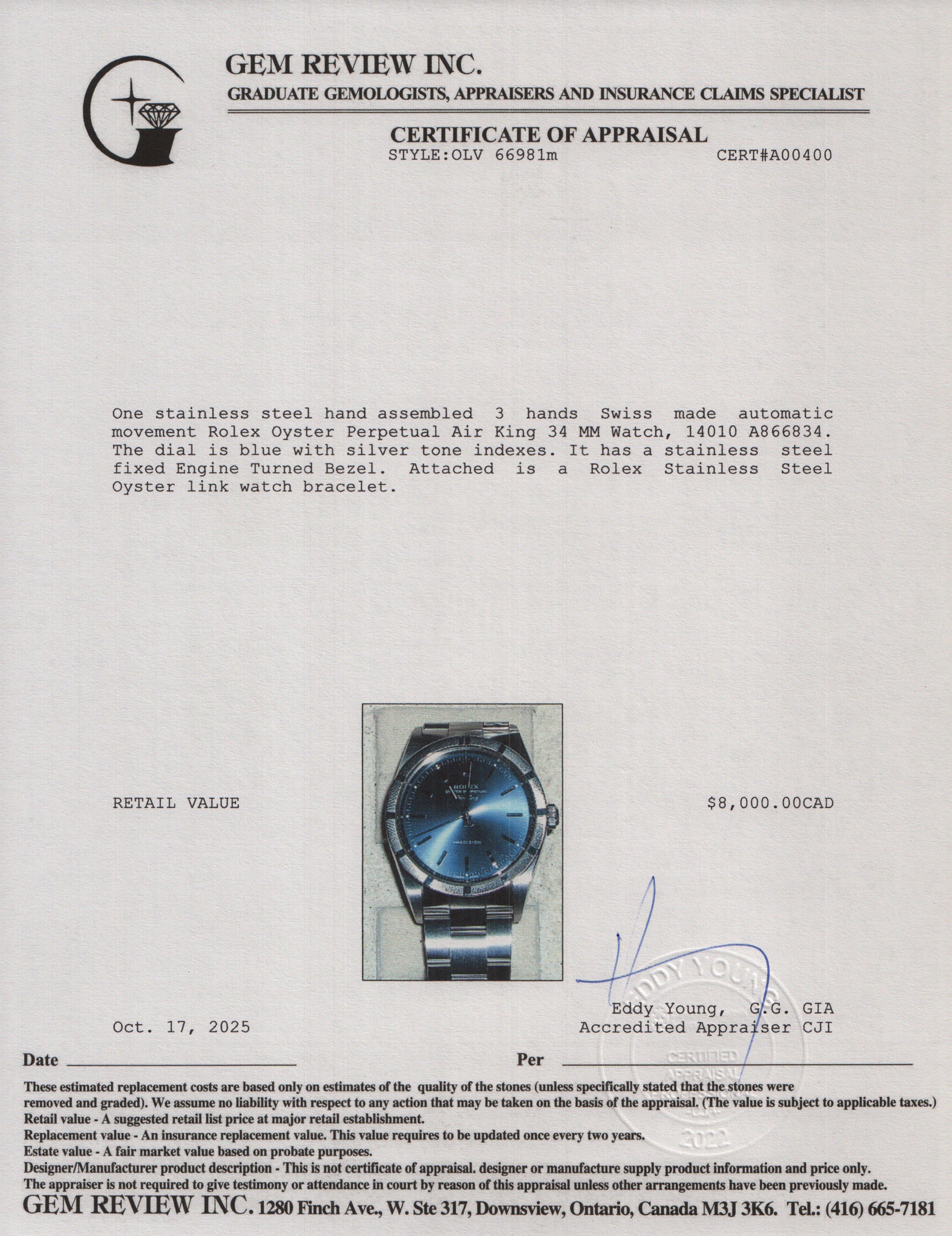 Rolex Stainless Steel Oyster Perpetual Engine Turned Bezel Air King 34 MM Watch Black Dial 14010 w/ Box & Papers