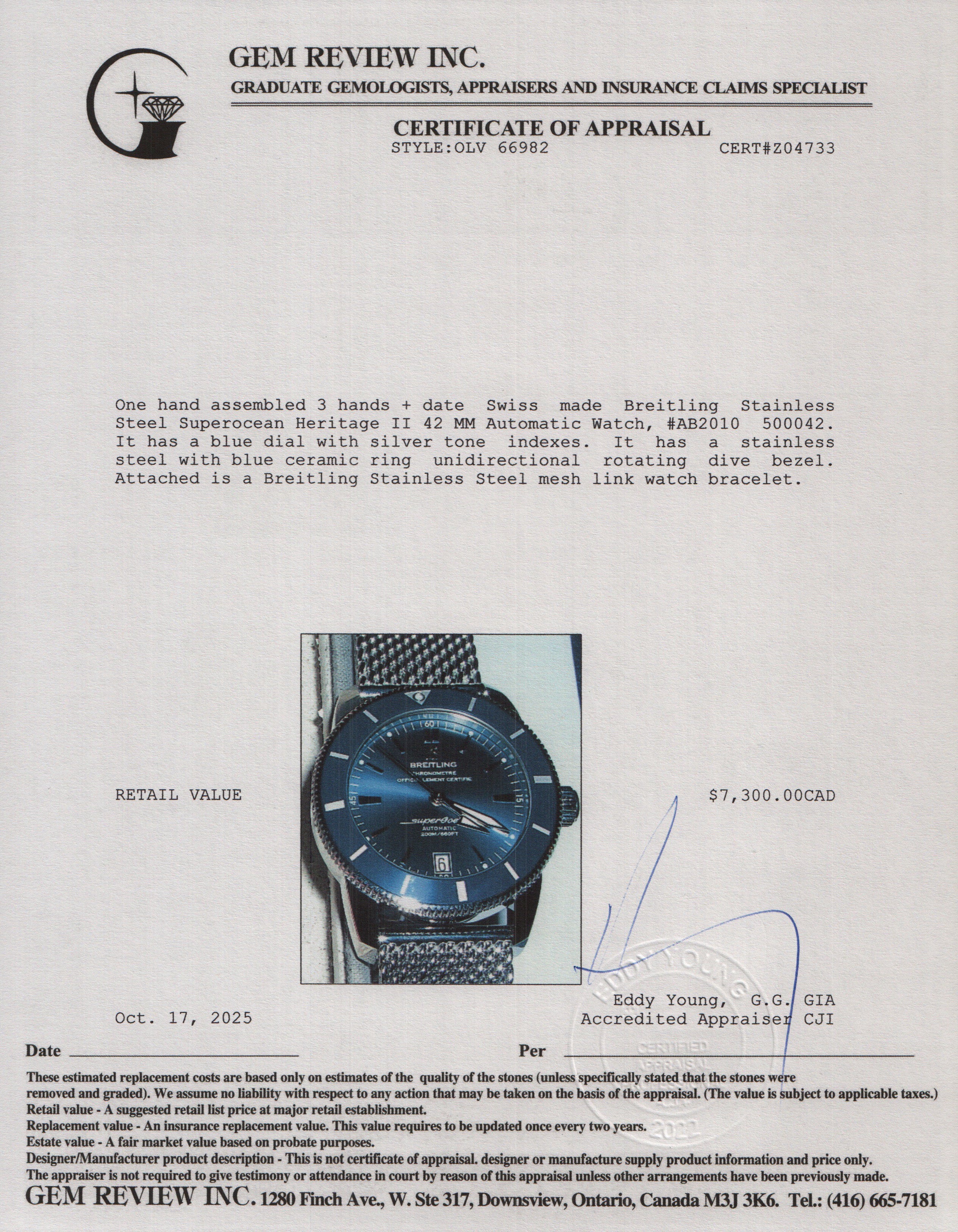 Breitling Stainless Steel Superocean Heritage II 42 MM Automatic Watch Blue Dial AB2010 w/ Box & Papers