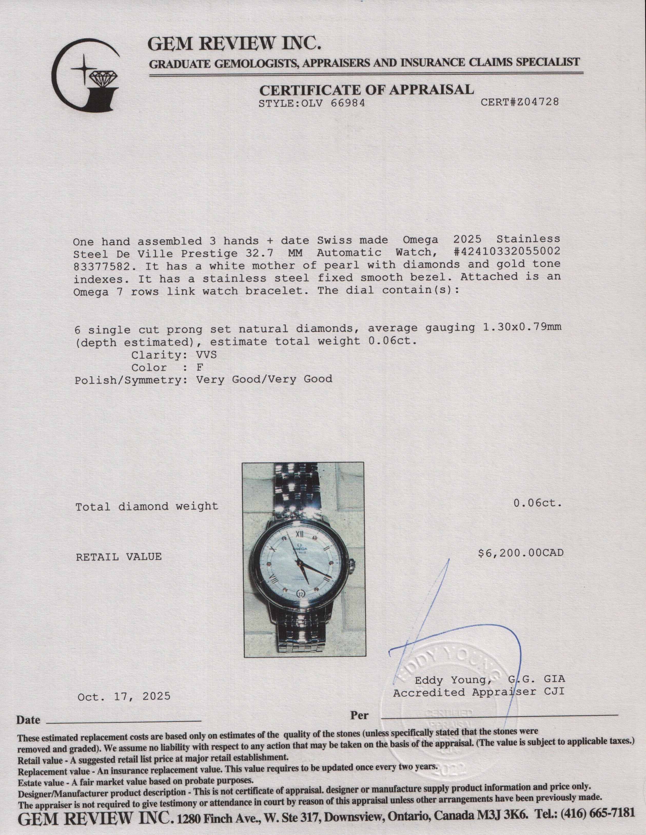 Omega 2025 Stainless Steel De Ville Prestige 32.7 MM Automatic Watch Mother of Pearl Diamond Dial w/ Box & Papers