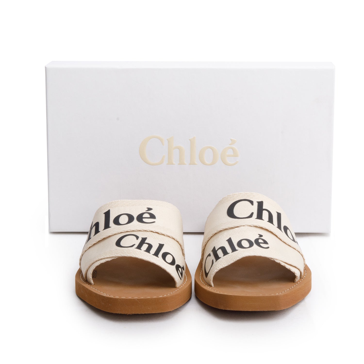 Chloe Leather Trimmed Neutral Linen Logo Woody Slide Sandals, Size 38 w/ Box