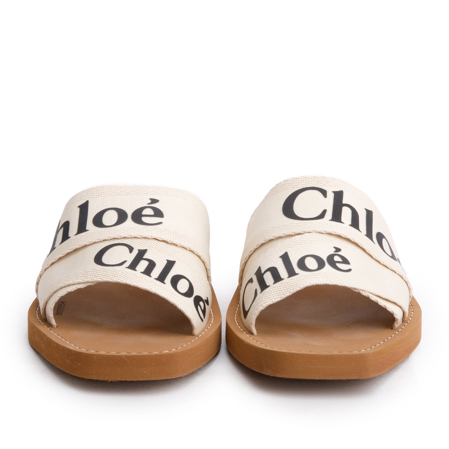 Chloe Leather Trimmed Neutral Linen Logo Woody Slide Sandals, Size 38 w/ Box
