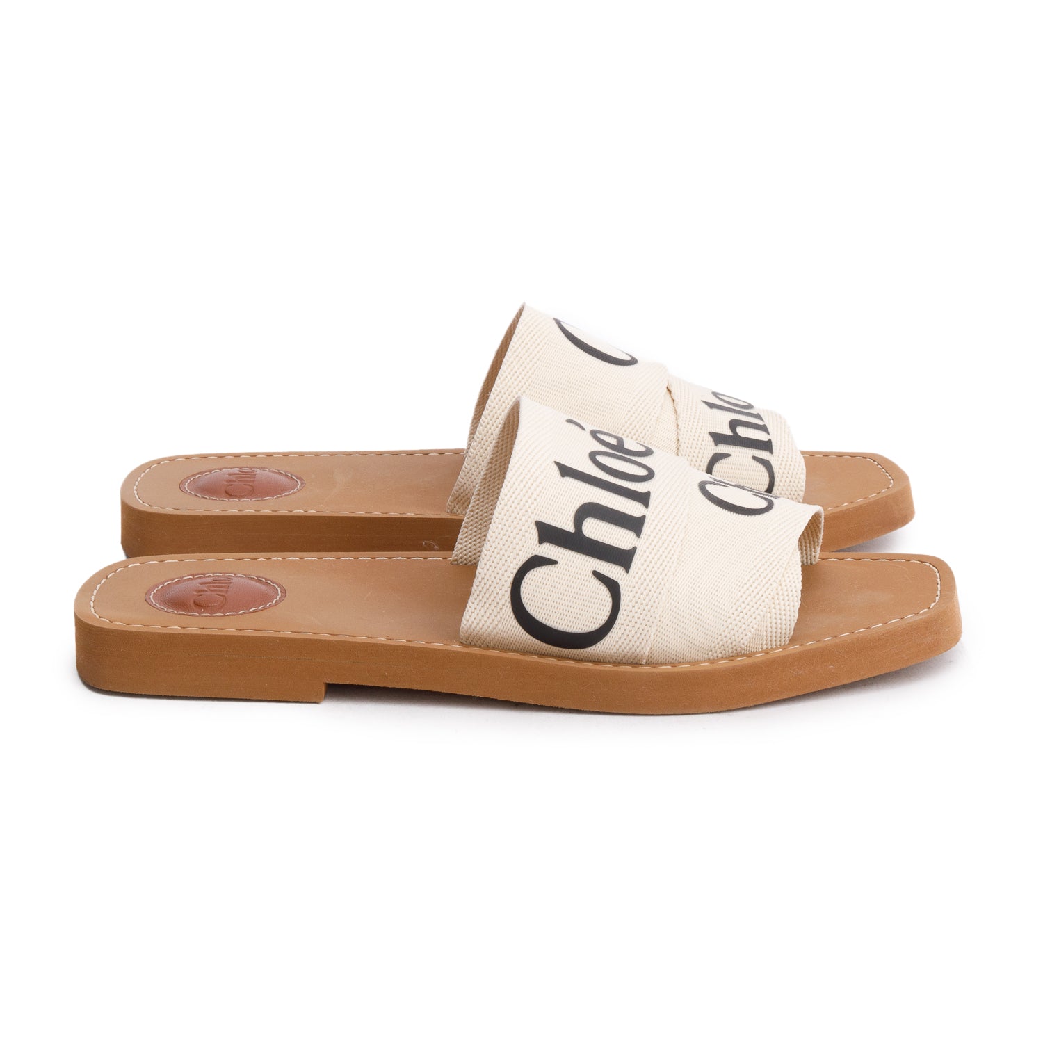 Chloe Leather Trimmed Neutral Linen Logo Woody Slide Sandals, Size 38 w/ Box