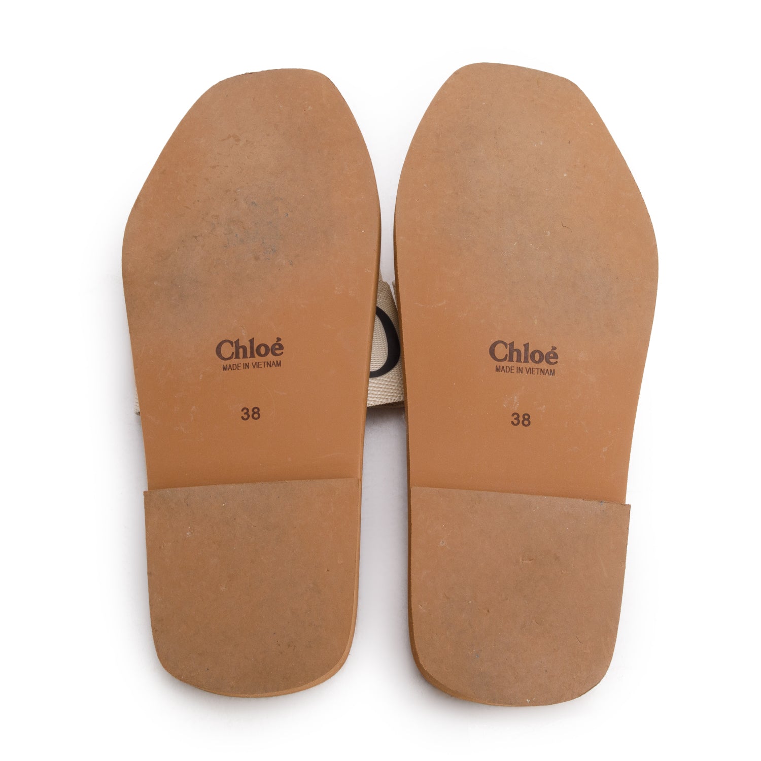 Chloe Leather Trimmed Neutral Linen Logo Woody Slide Sandals, Size 38 w/ Box