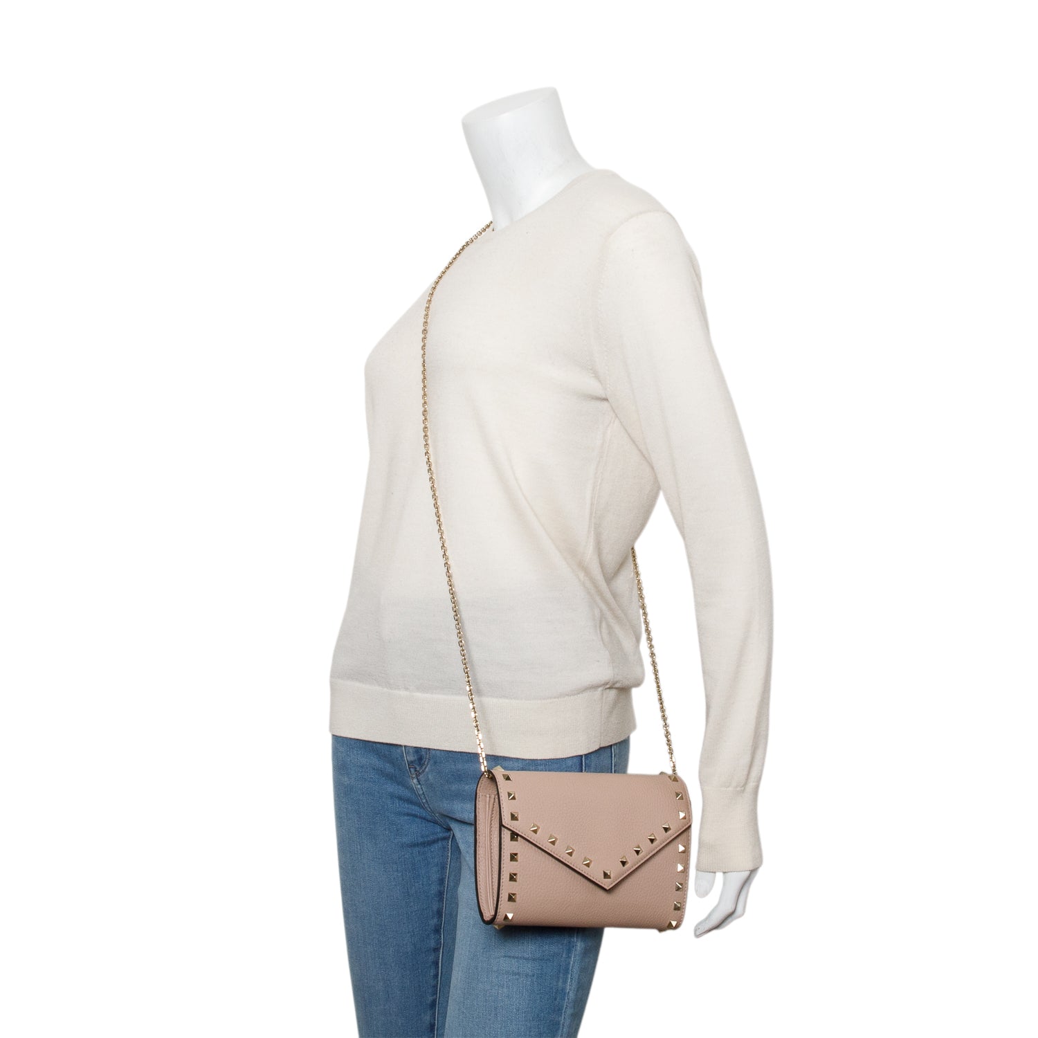 Valentino Pink Pebbled Calfskin Rockstud Envelope Wallet on Chain w/ Box