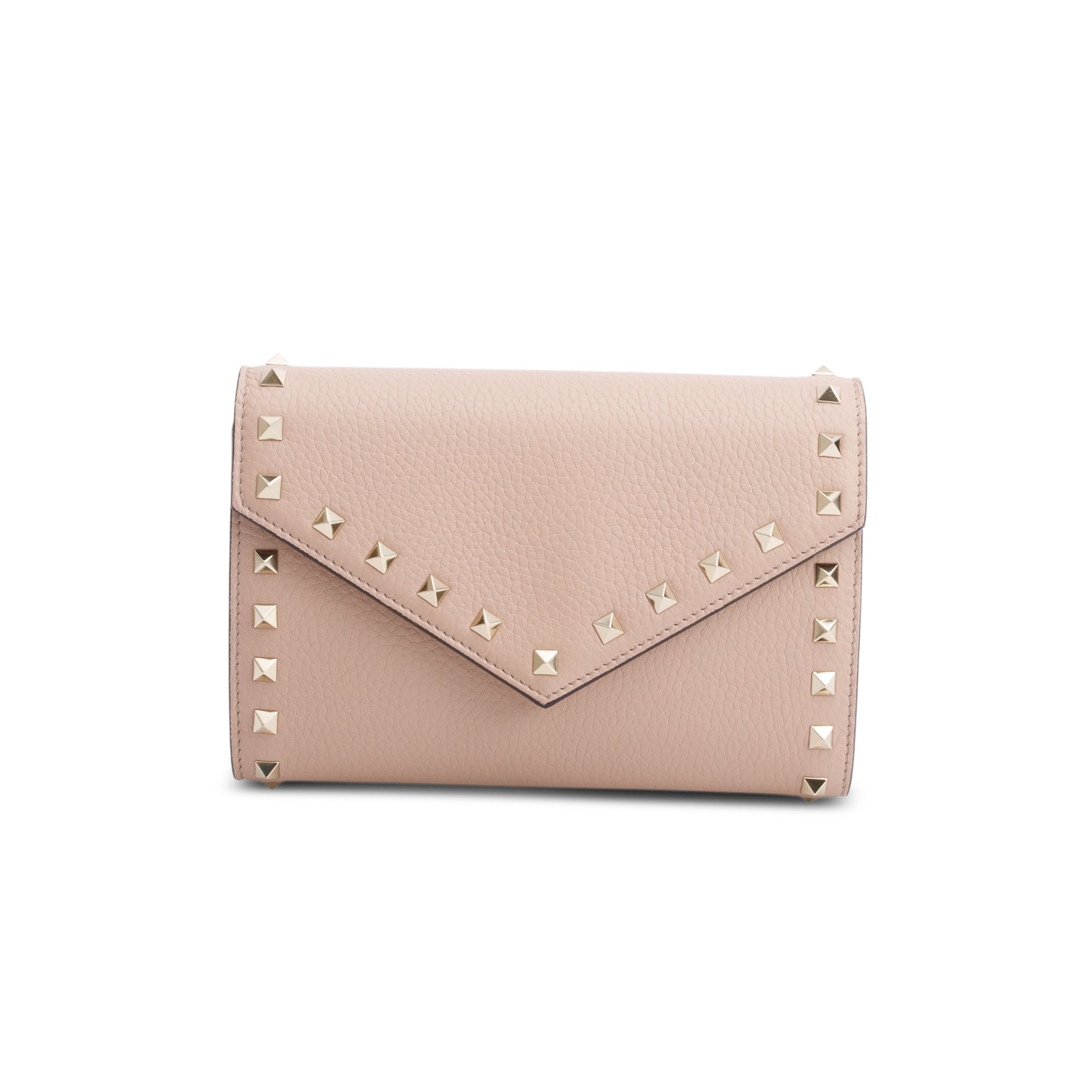 Valentino Pink Pebbled Calfskin Rockstud Envelope Wallet on Chain w/ Box
