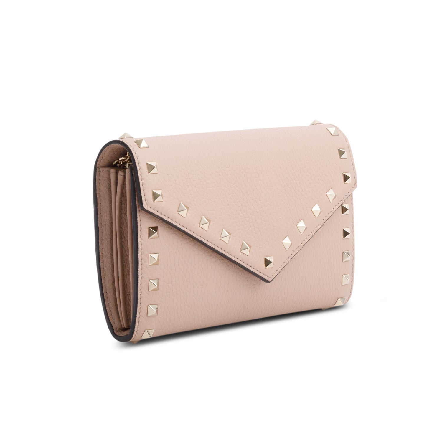 Valentino Pink Pebbled Calfskin Rockstud Envelope Wallet on Chain w/ Box