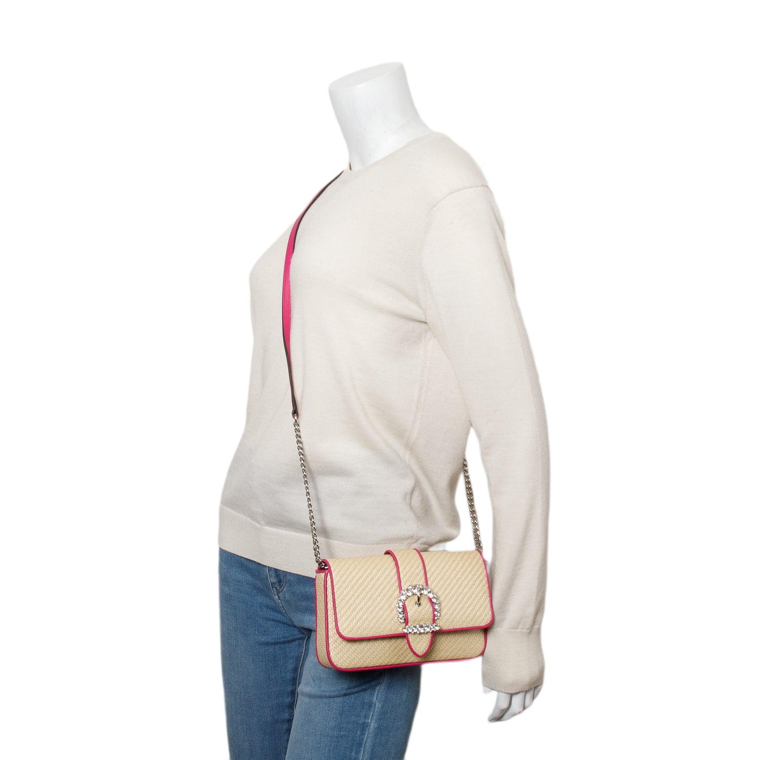 Jimmy Choo Natural/Magenta Raffia Crystal Cheri Satchel Wallet on Chain w/ Box & Authenticity Card