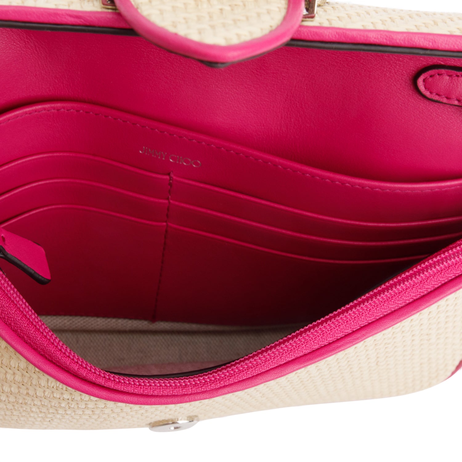 Jimmy Choo Natural/Magenta Raffia Crystal Cheri Satchel Wallet on Chain w/ Box & Authenticity Card