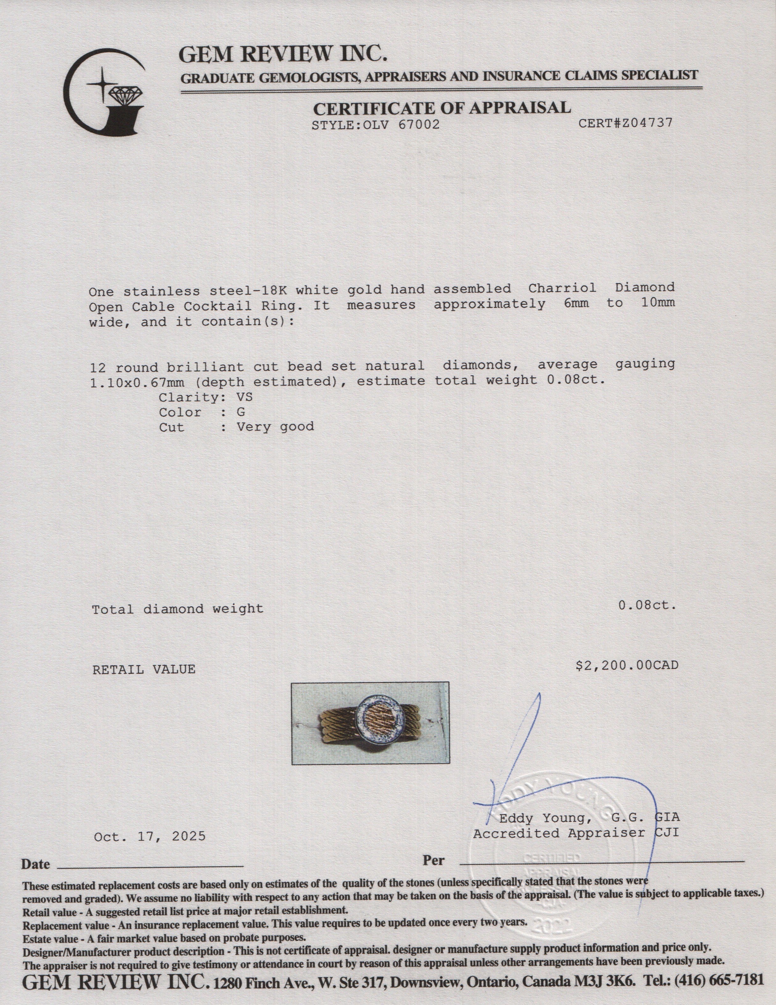 Charriol Stainless Steel and 18k White Gold Diamond Open Cable Cocktail Ring, Size 7