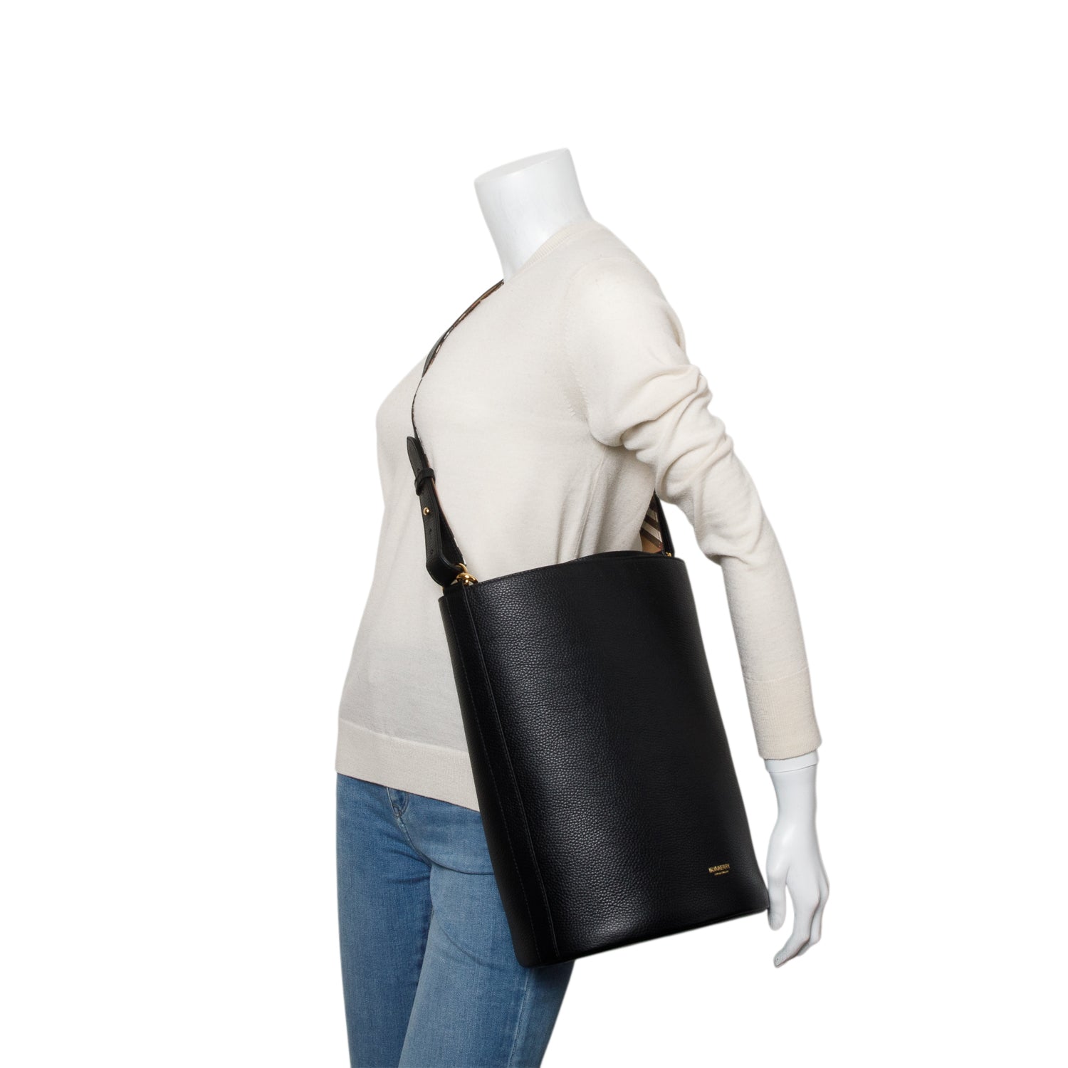 Burberry Black Grained Leather Large Lorne Bucket Bag w/ Straps