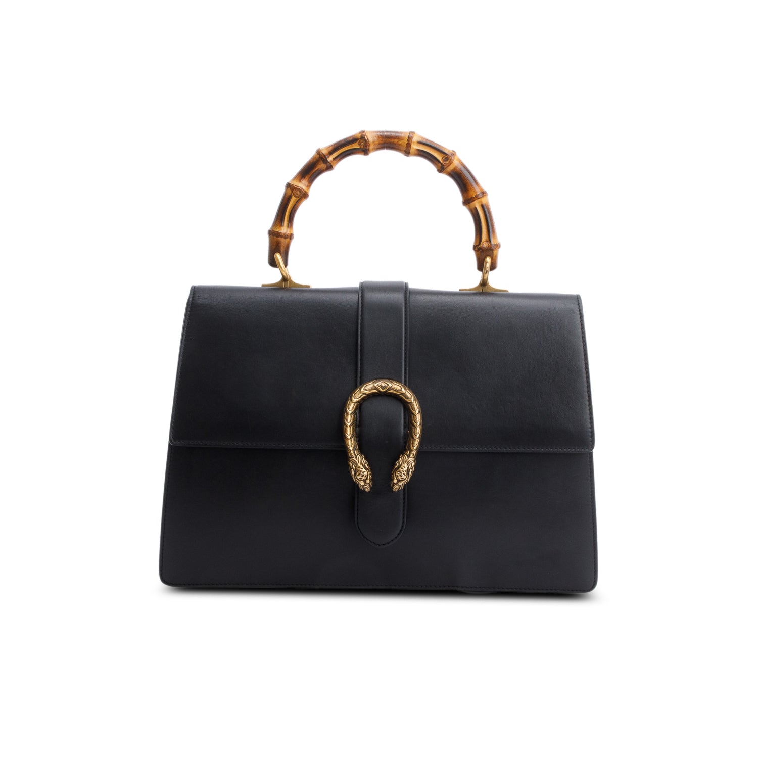 Gucci Black Calfskin Leather Large Dionysus Bamboo Top Handle Bag w/ Strap