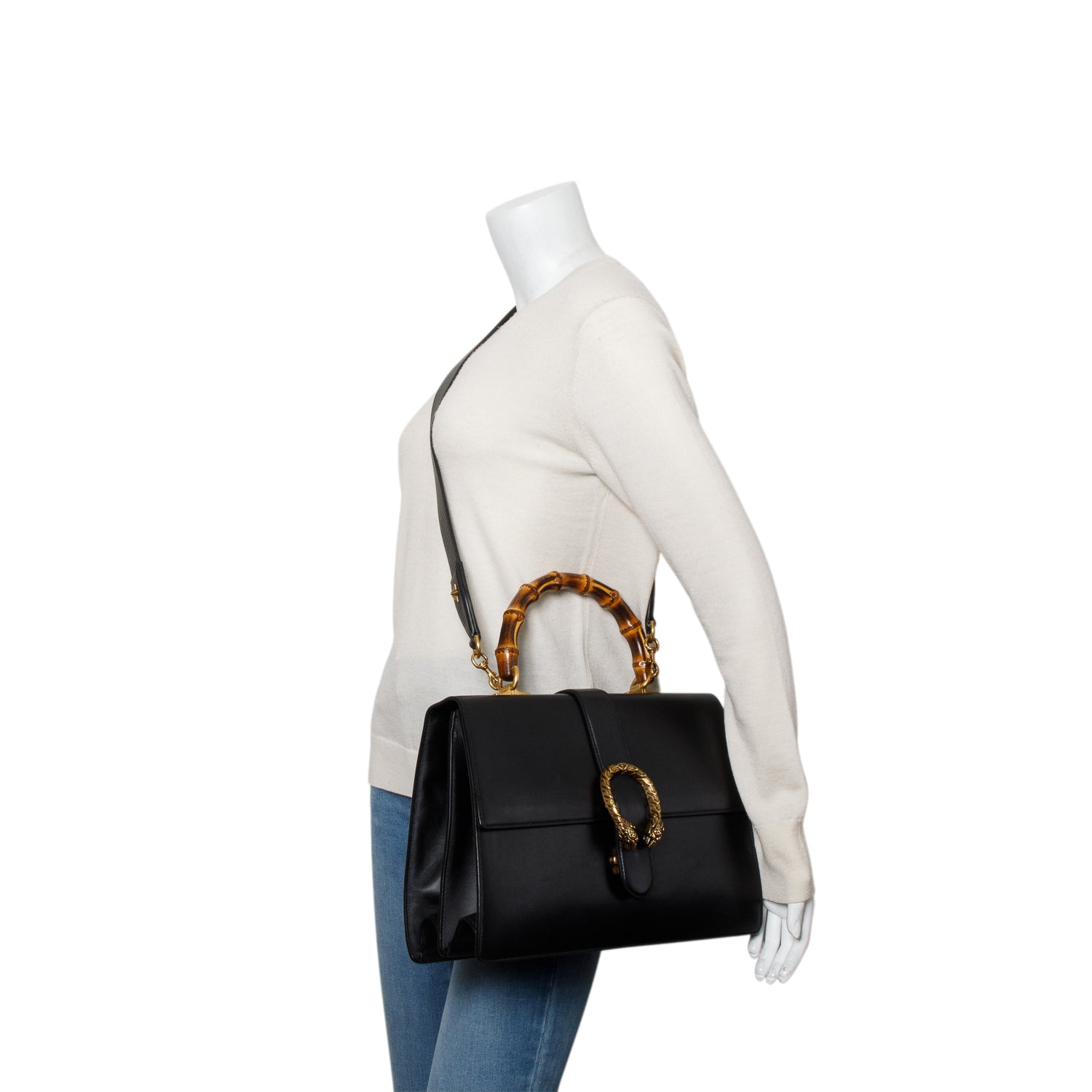 Gucci Black Calfskin Leather Large Dionysus Bamboo Top Handle Bag w/ Strap