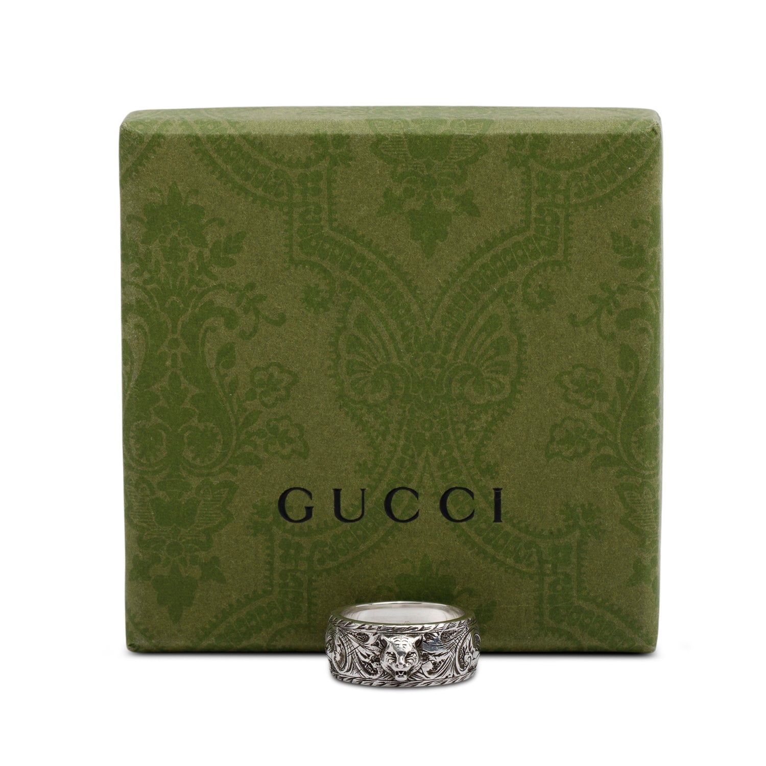 Gucci Sterling Silver Feline Head Band Ring, Size 20 9 w/ Box