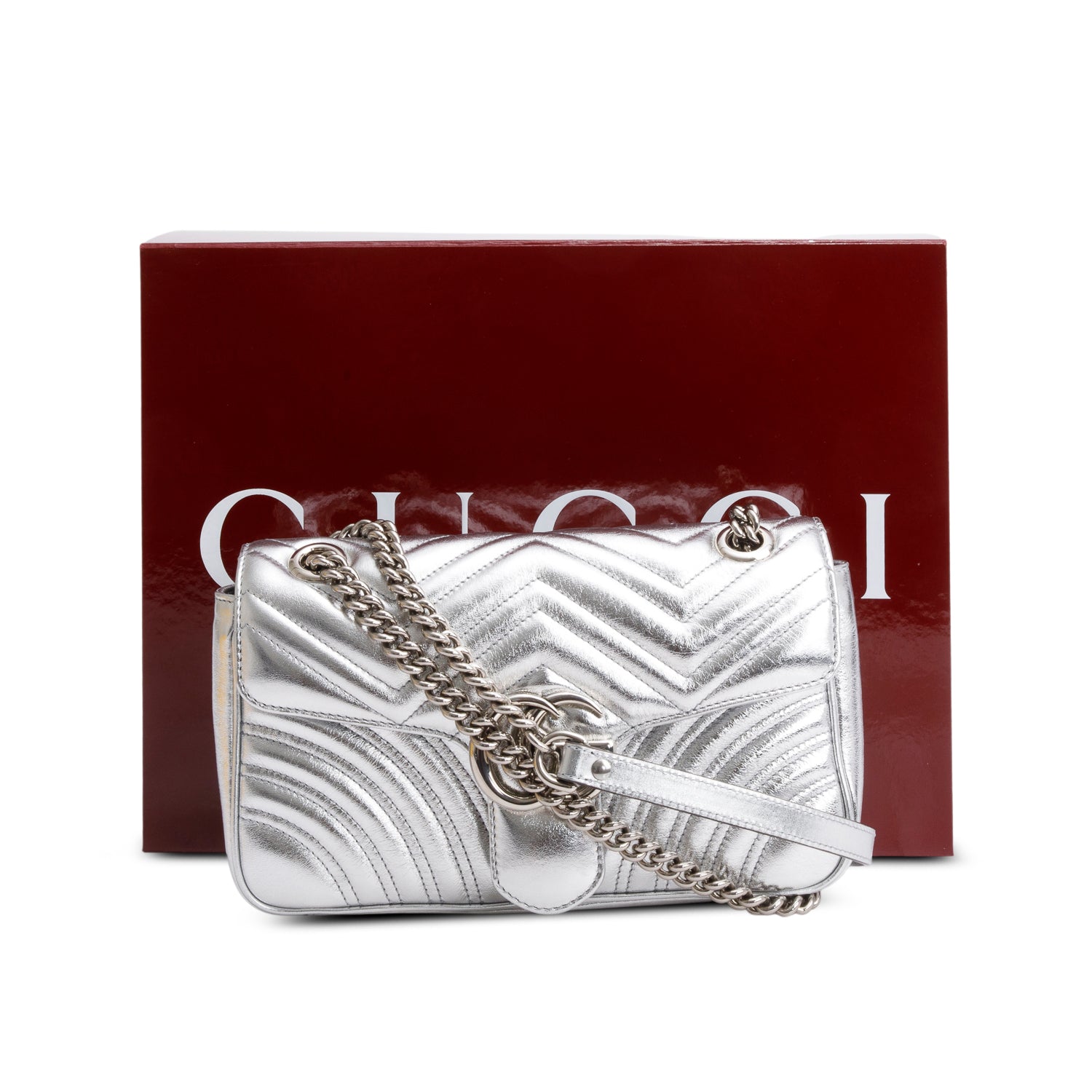 Gucci Silver Matelasse Medium GG Marmont Shoulder Bag w/ Box