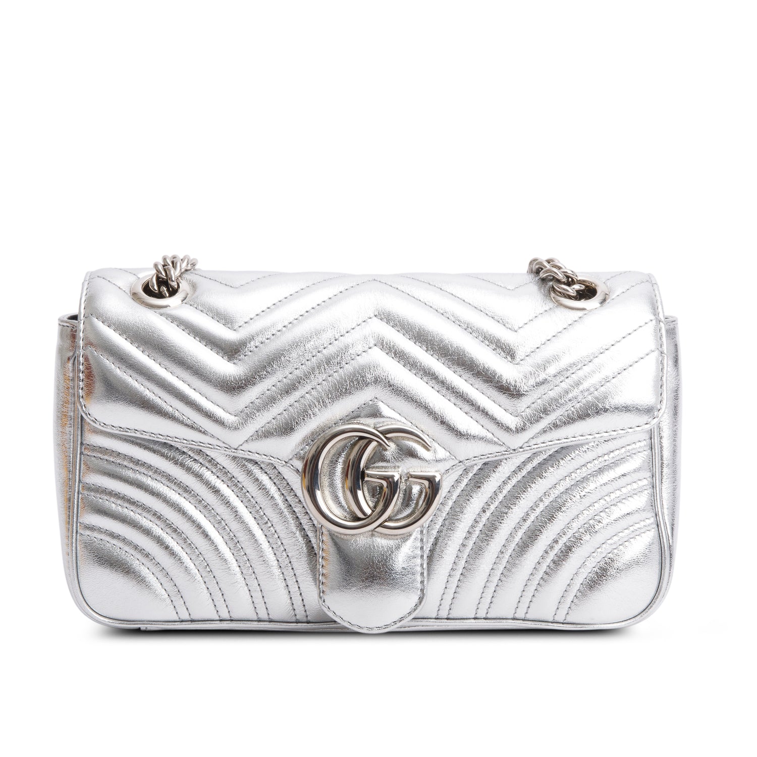 Gucci Silver Matelasse Medium GG Marmont Shoulder Bag w/ Box