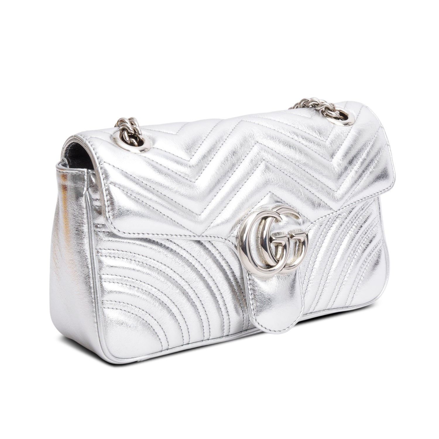 Gucci Silver Matelasse Medium GG Marmont Shoulder Bag w/ Box