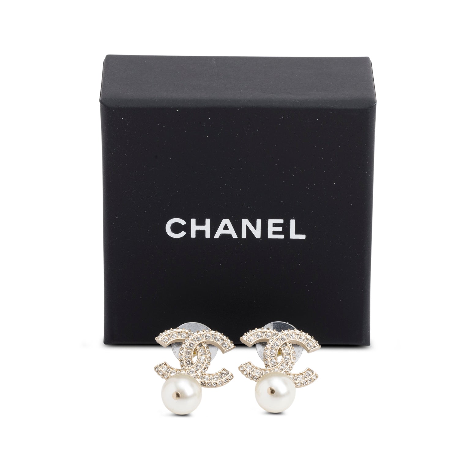 Chanel 2025 Gold-Plated Faux Pearl & Strass CC Drop Earrings w/ Box